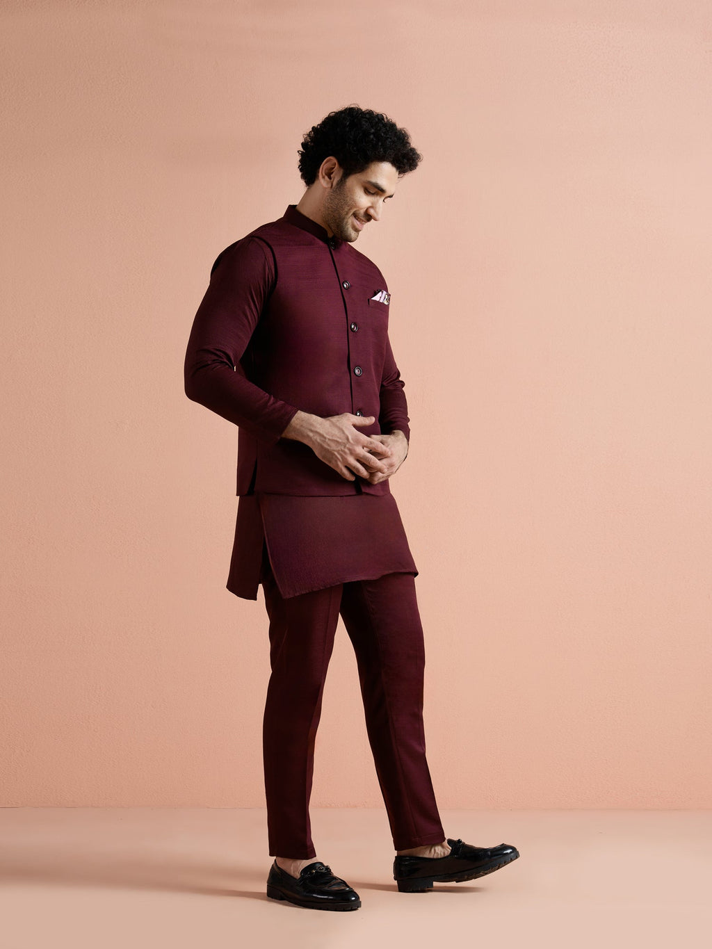 Wine Poly Viscose Solid Mid Kurta Jacket Trouser Set