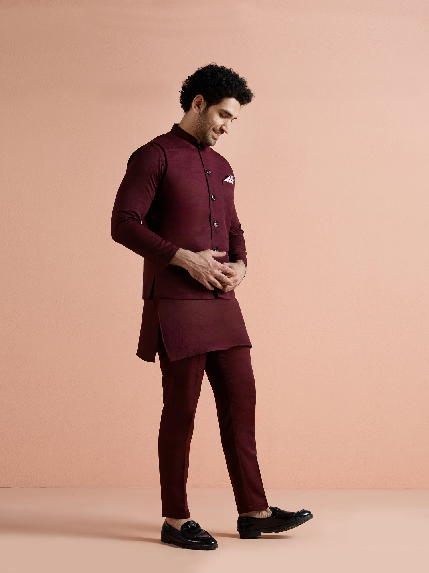 Wine Poly Viscose Solid Mid Kurta Jacket Trouser Set