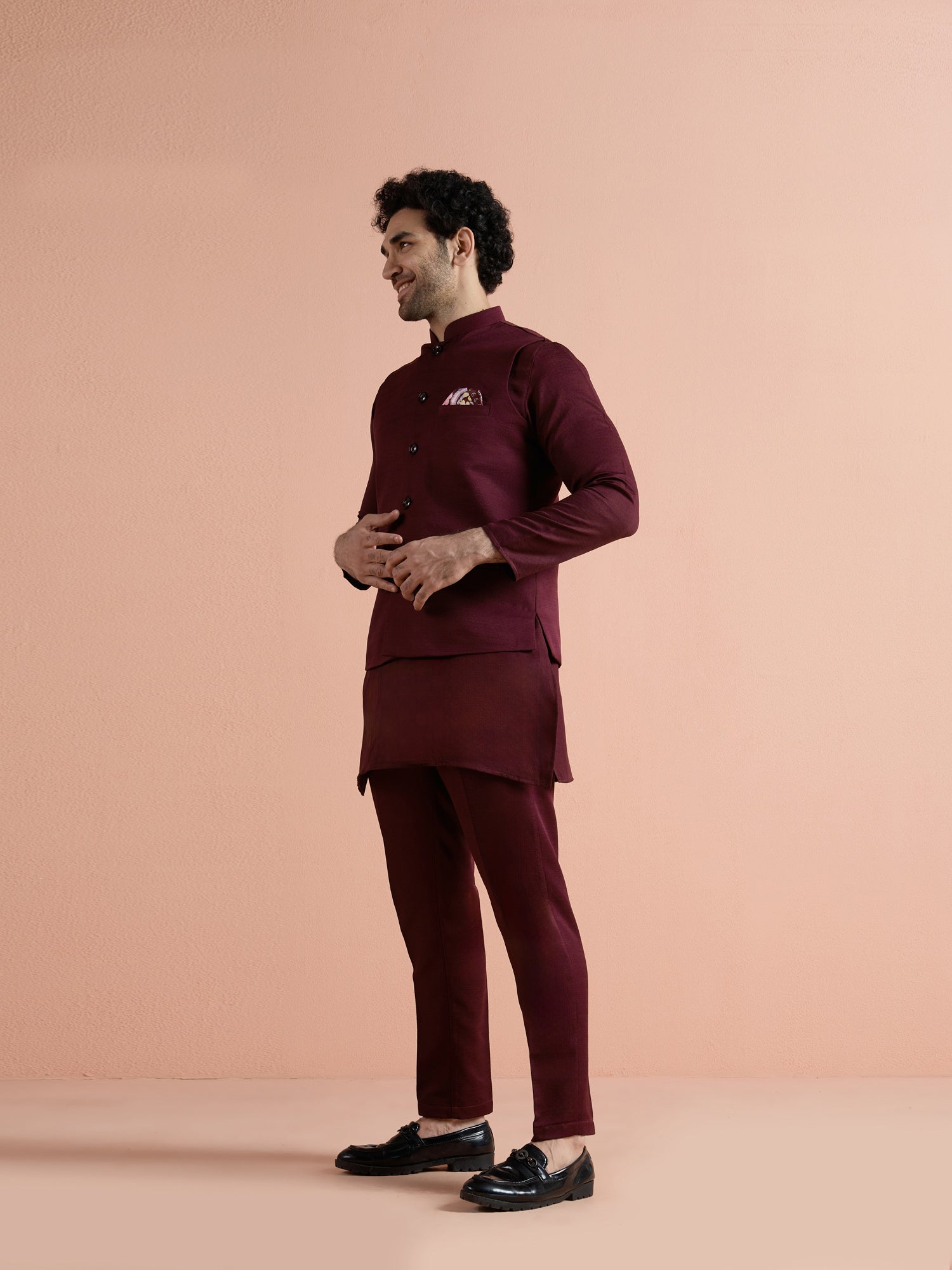 Wine Poly Viscose Solid Mid Kurta Jacket Trouser Set
