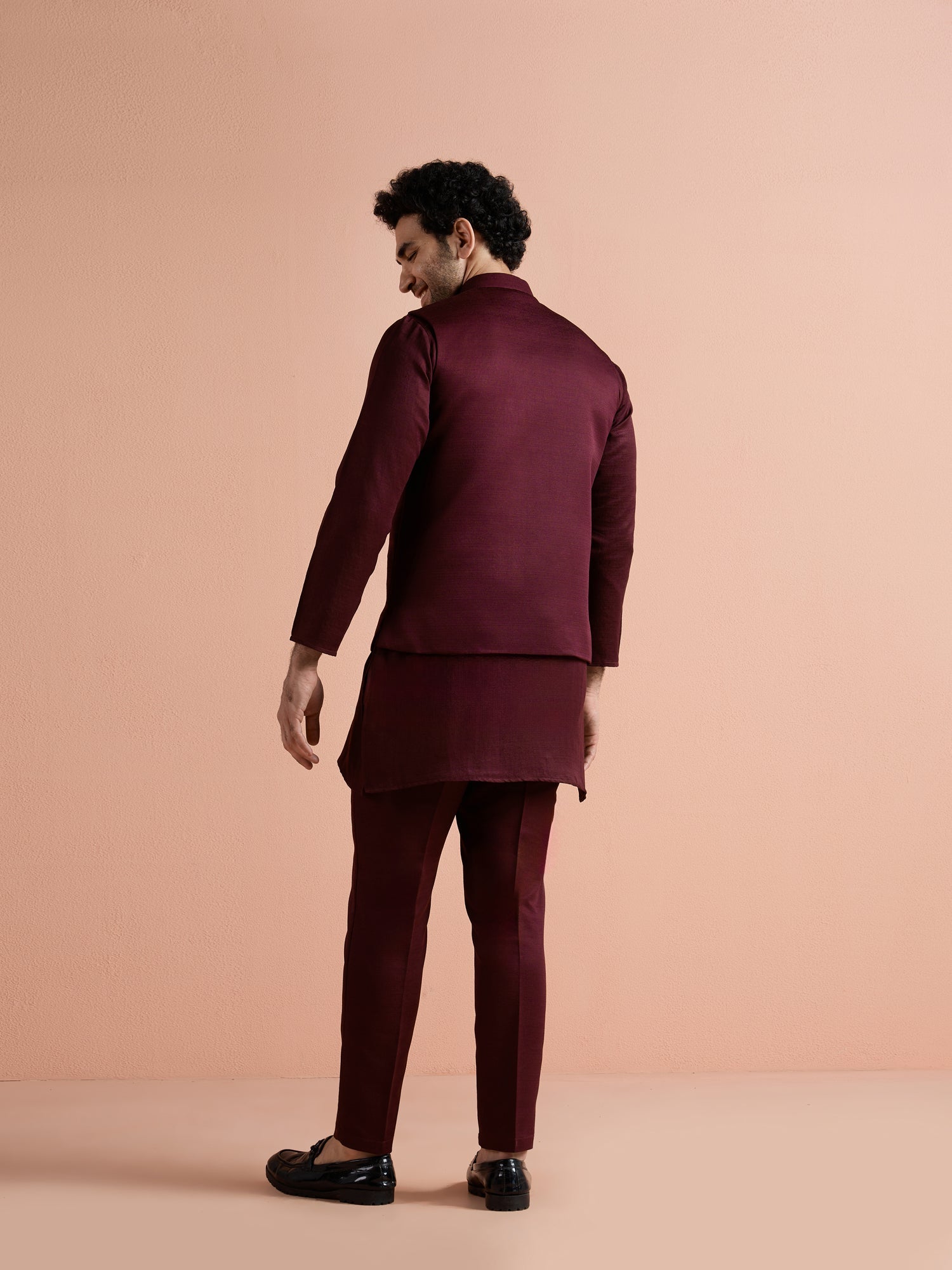 Wine Poly Viscose Solid Mid Kurta Jacket Trouser Set