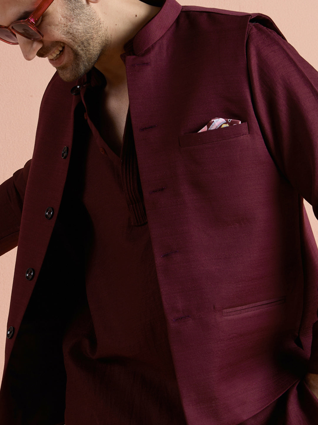 Wine Poly Viscose Solid Mid Kurta Jacket Trouser Set