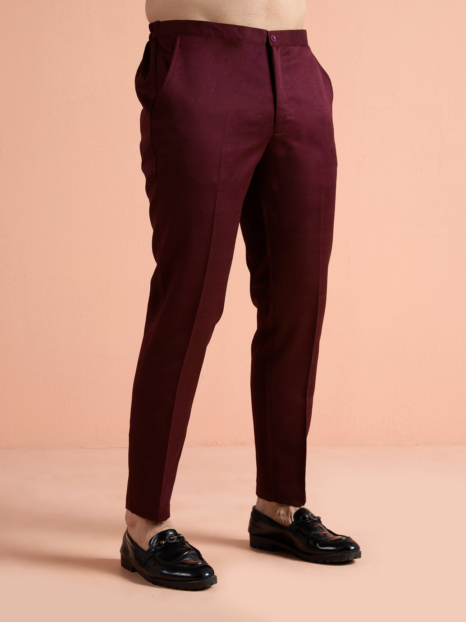 Wine Poly Viscose Solid Mid Kurta Jacket Trouser Set