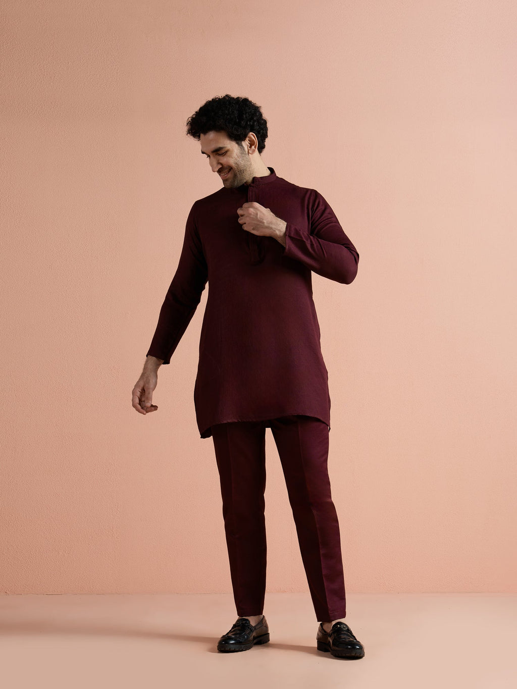 Wine Poly Viscose Solid Mid Kurta Jacket Trouser Set