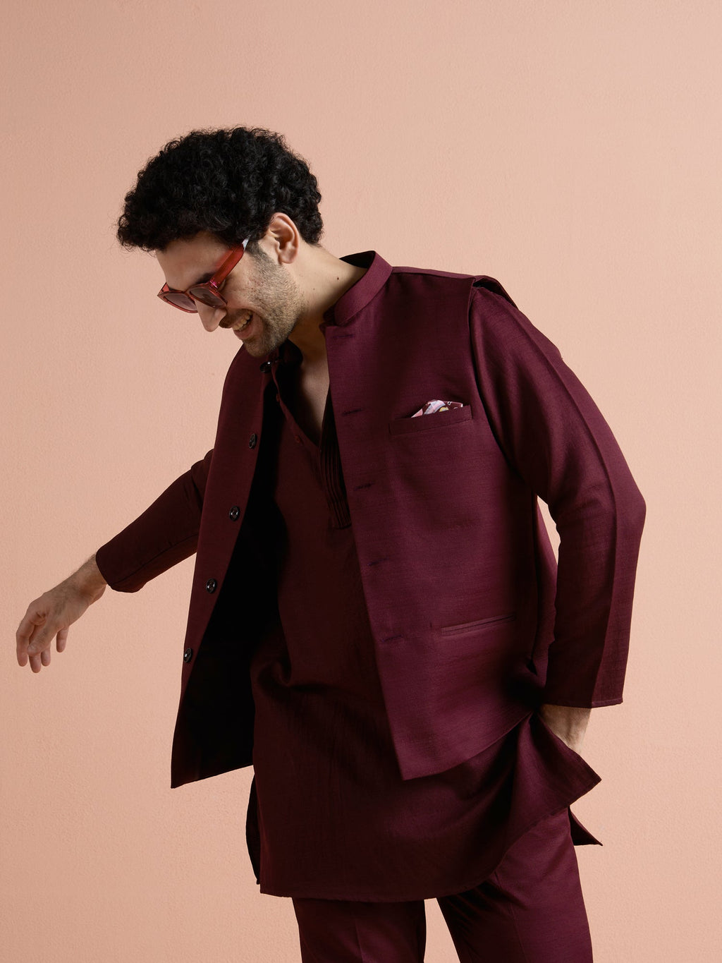 Wine Poly Viscose Solid Mid Kurta Jacket Trouser Set
