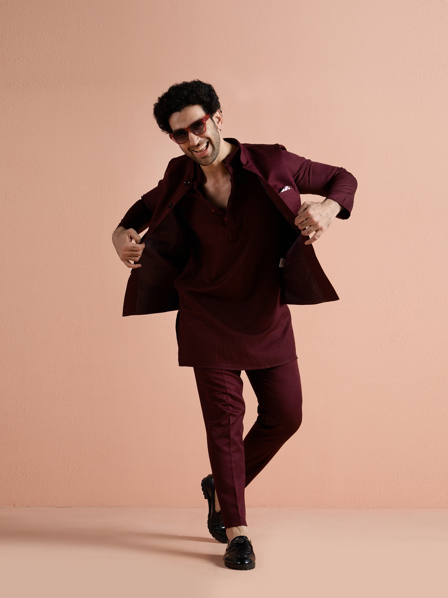 Wine Poly Viscose Solid Mid Kurta Jacket Trouser Set