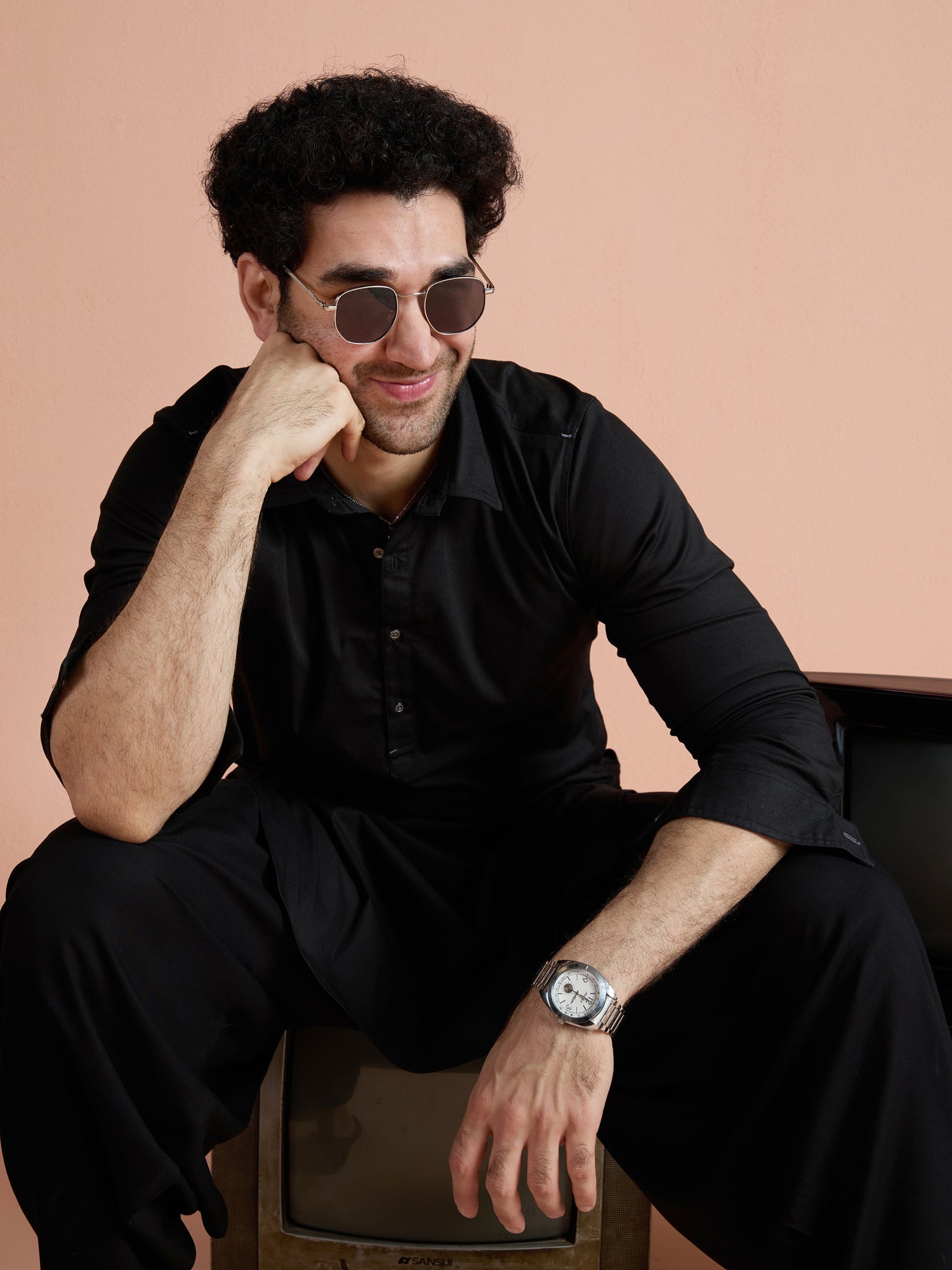 Black Denim Solid Pathani Kurta