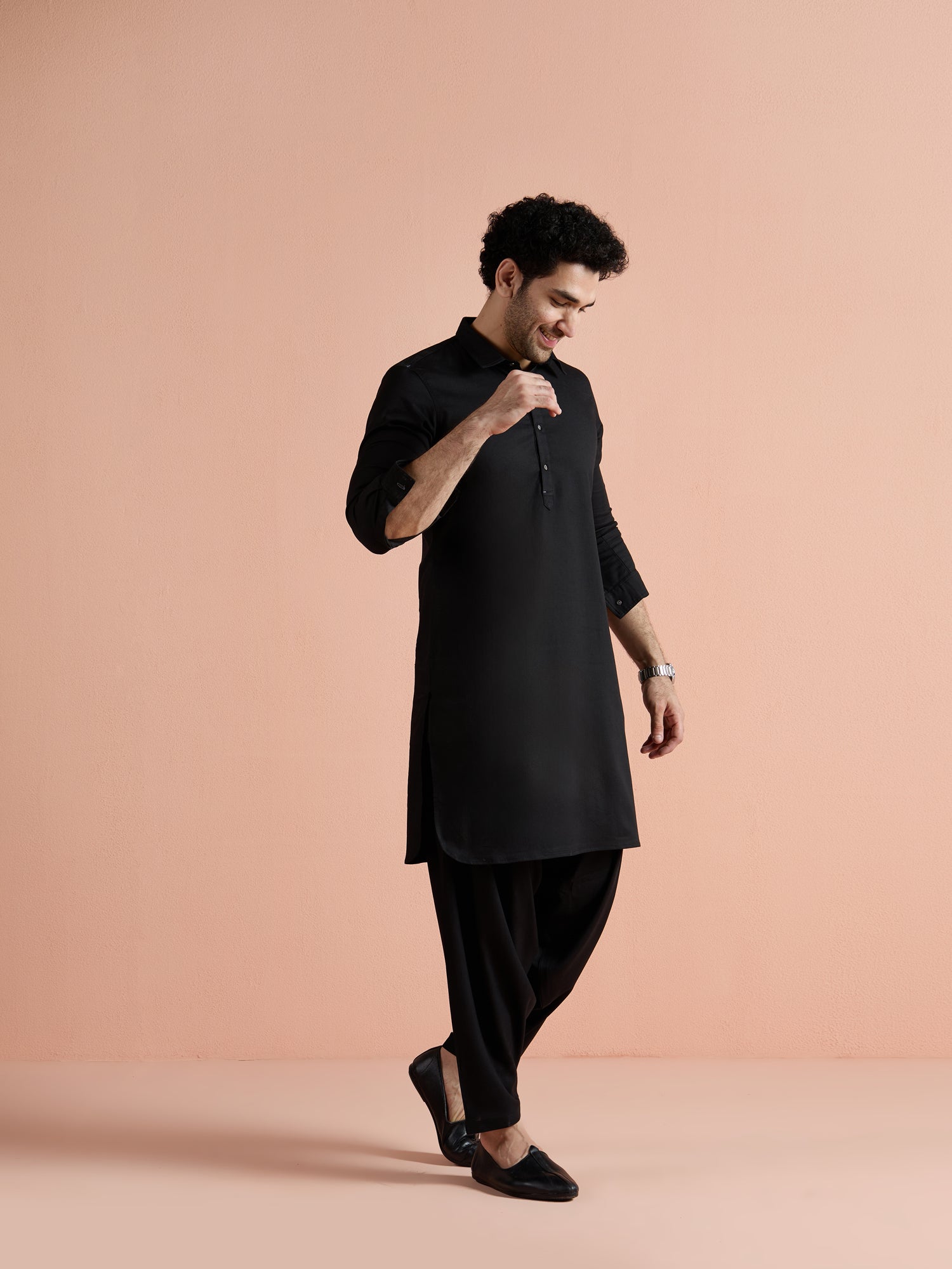 Black Denim Solid Pathani Kurta