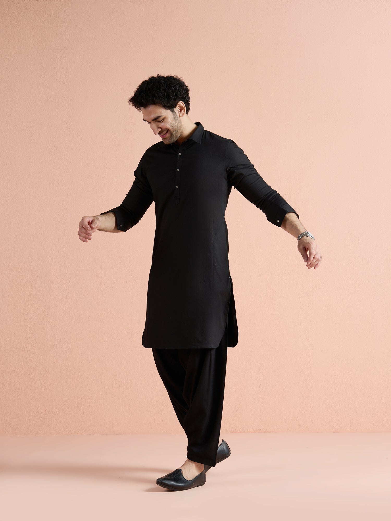 Black Denim Solid Pathani Kurta