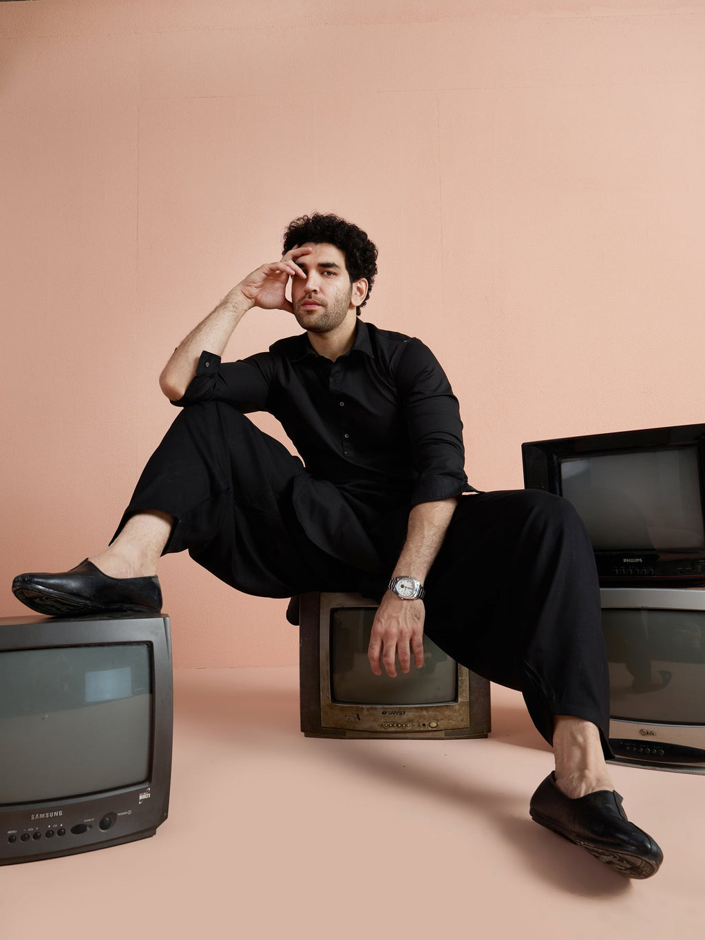 Black Denim Solid Pathani Kurta