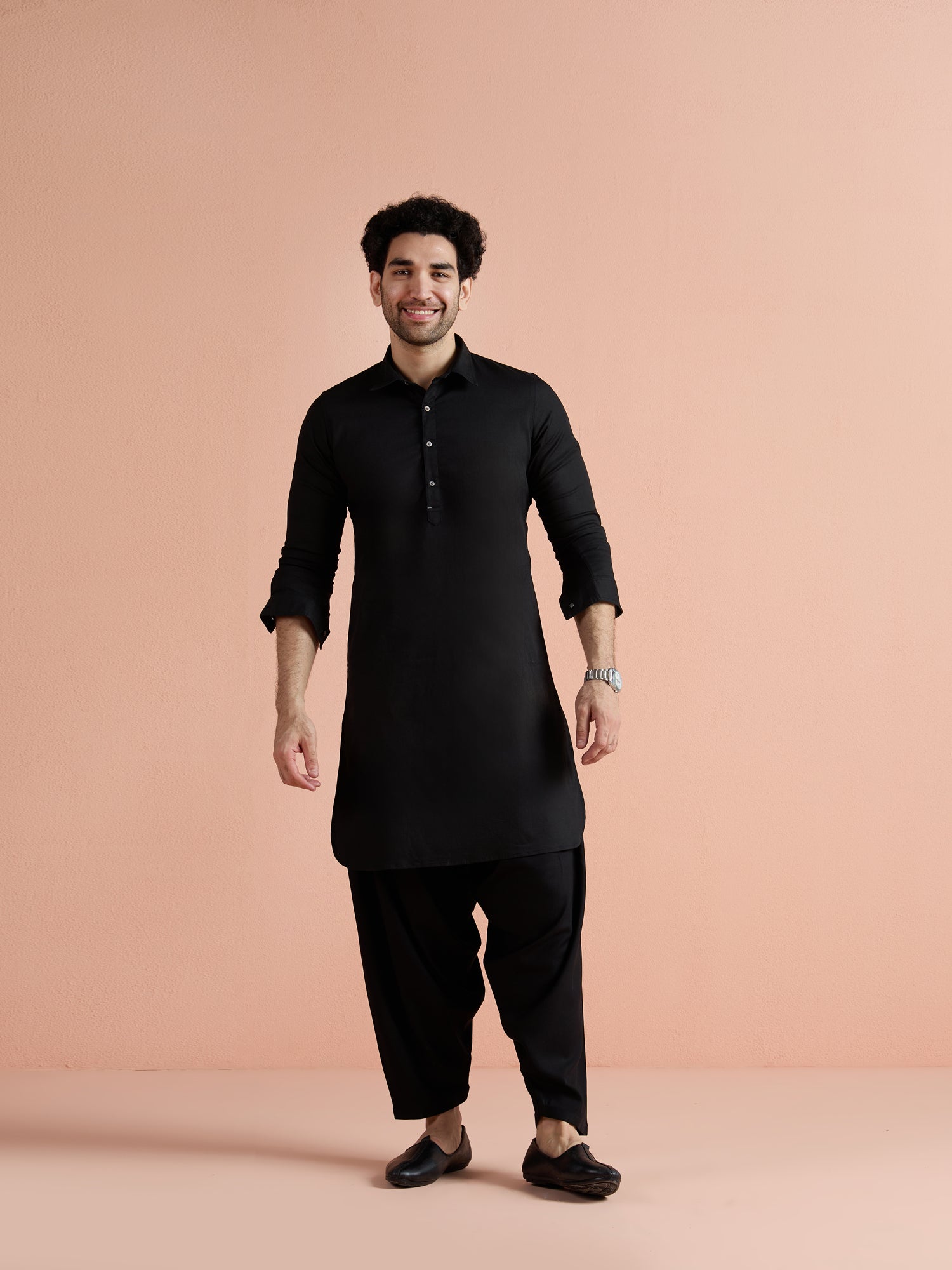 Black Denim Solid Pathani Kurta