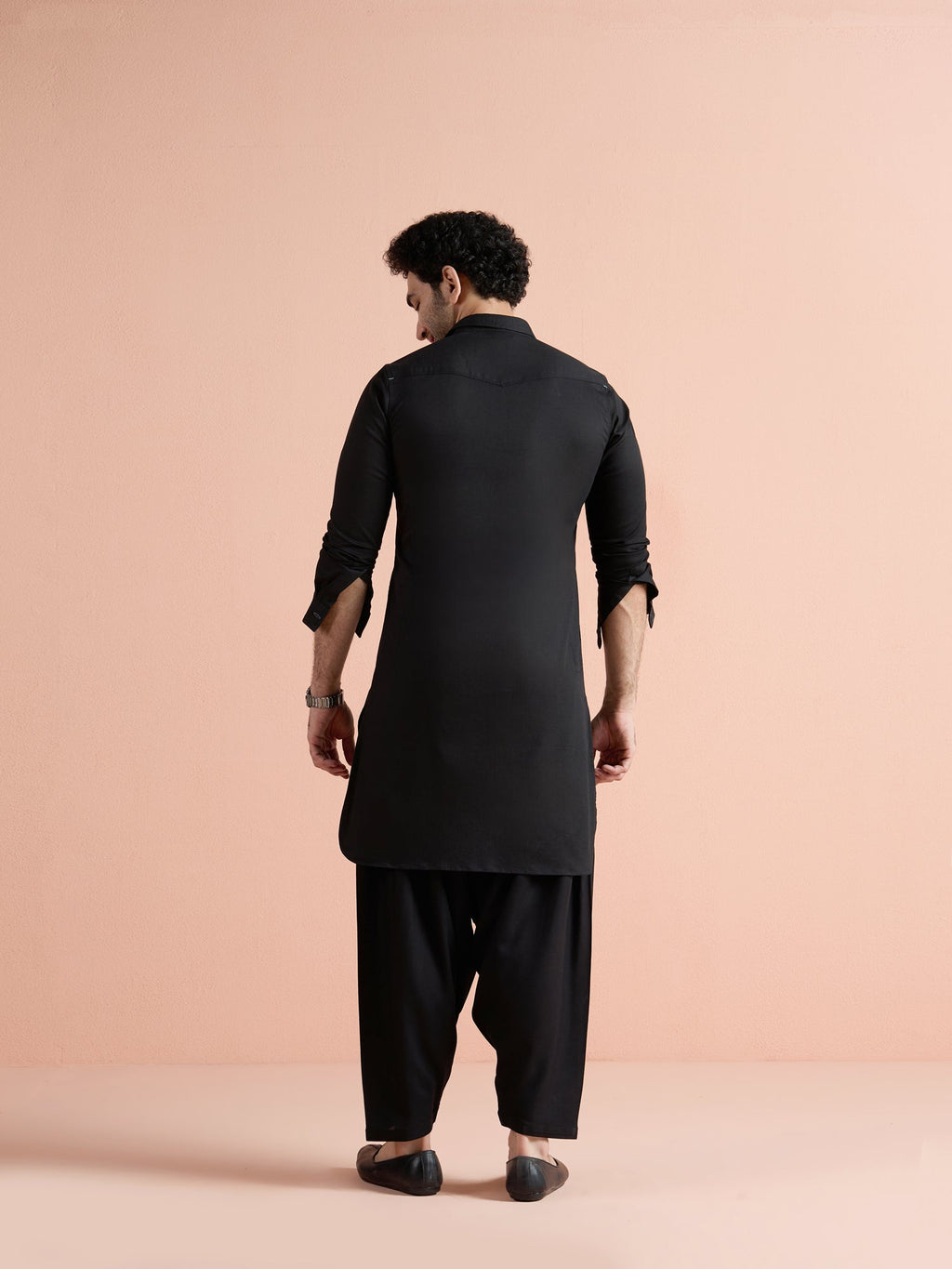 Black Denim Solid Pathani Kurta Patiyala Set