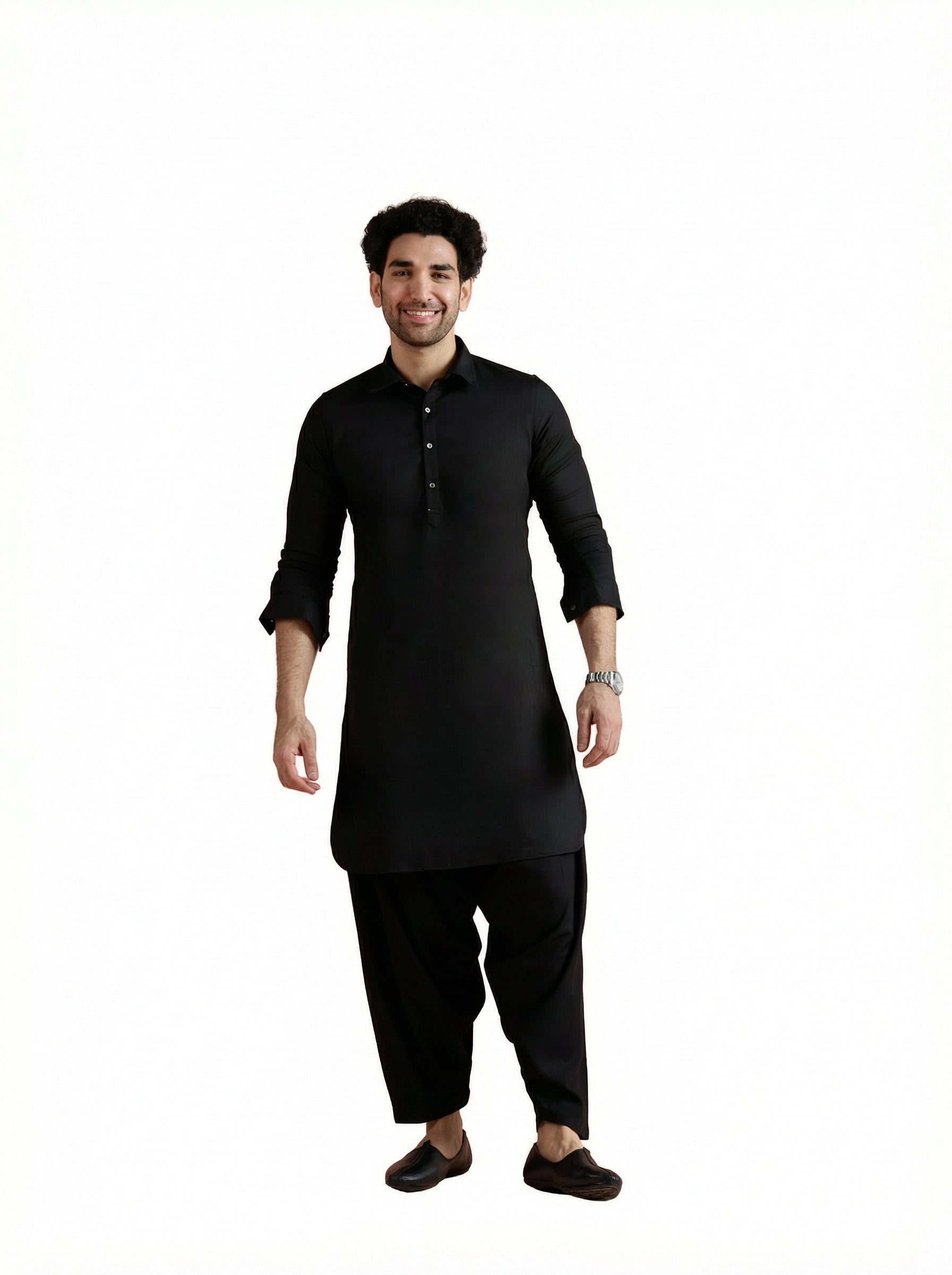 Black Denim Solid Pathani Kurta