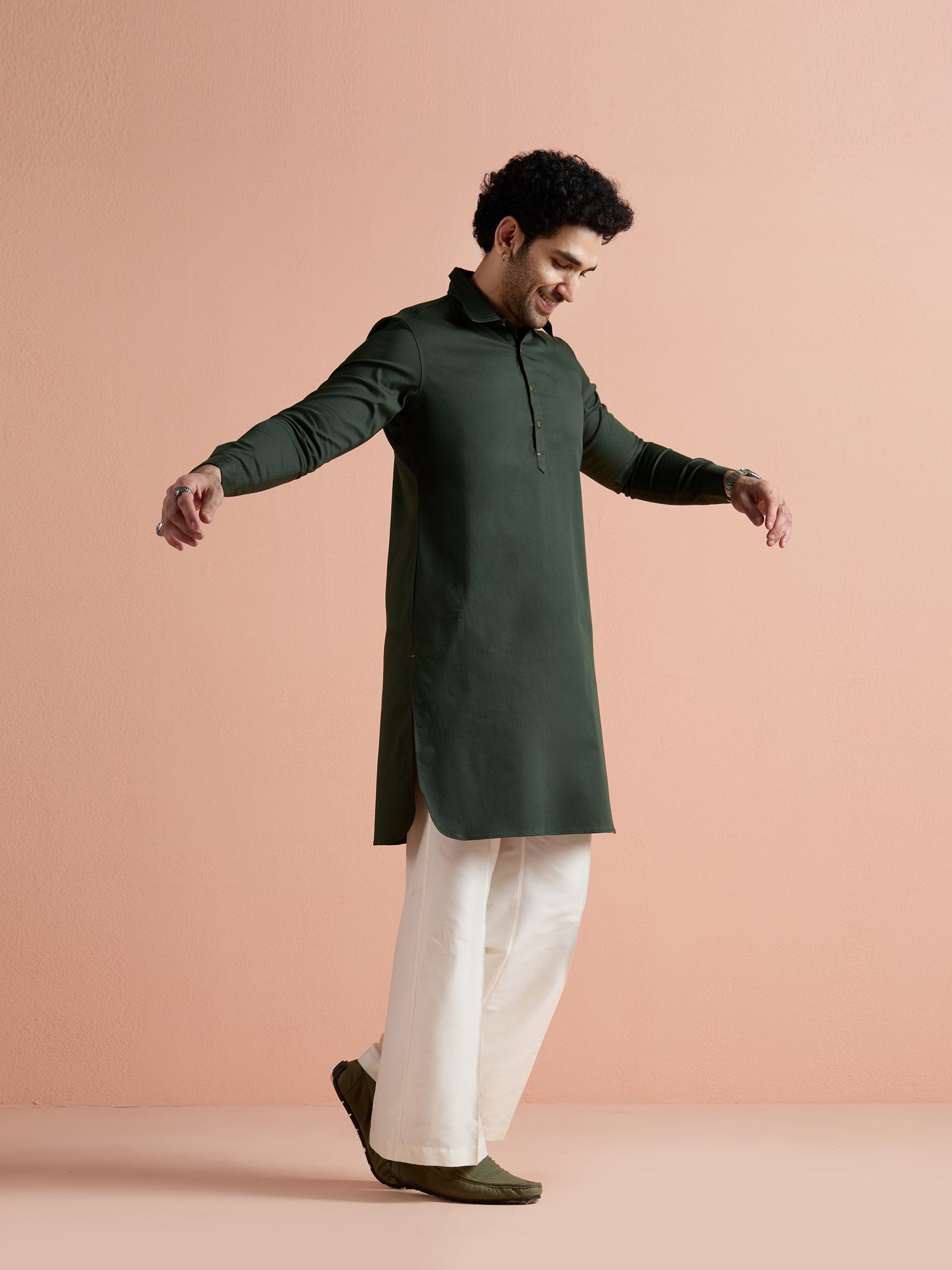 Dark Green Denim Solid Pathani Kurta
