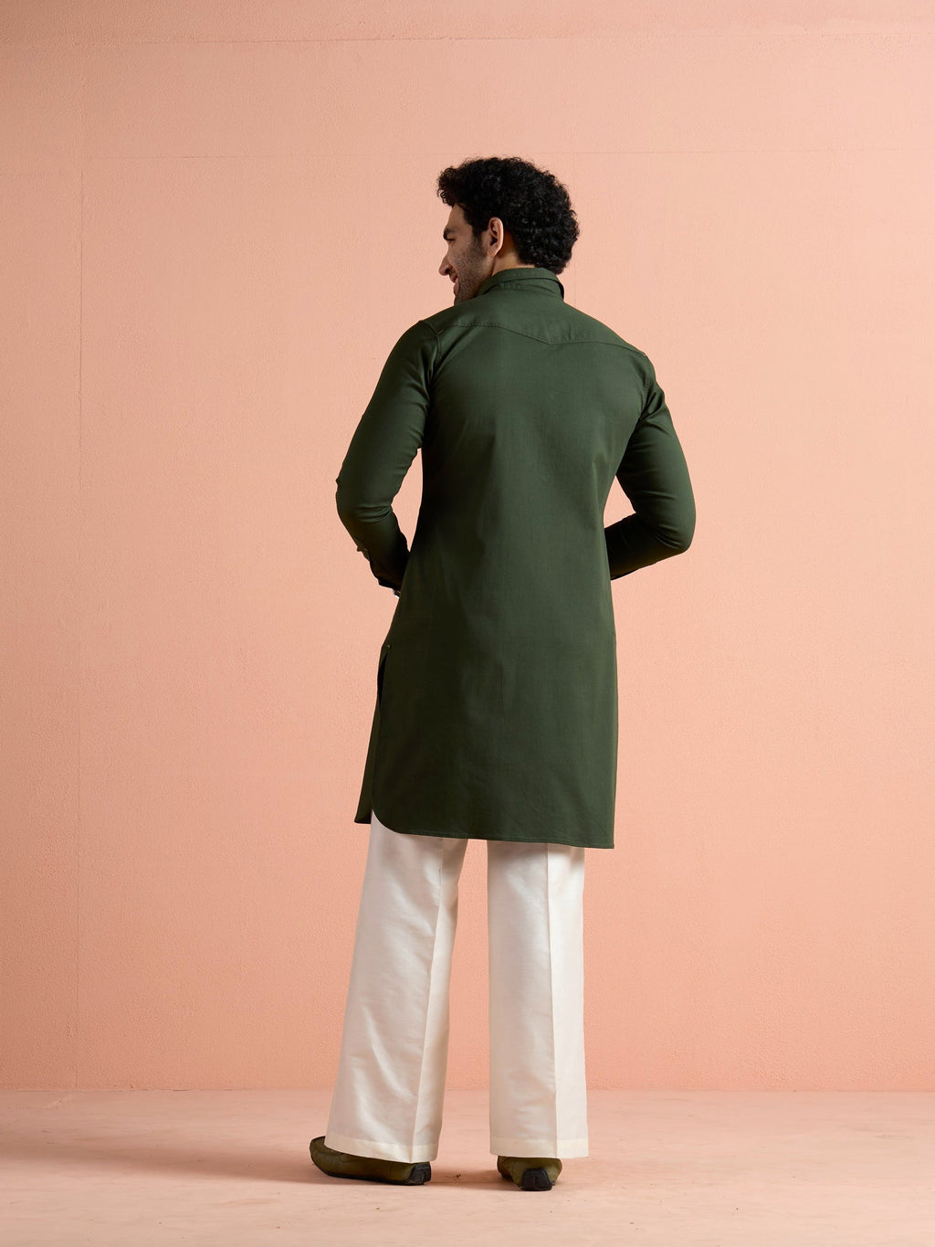 Dark Green Denim Solid Pathani Kurta