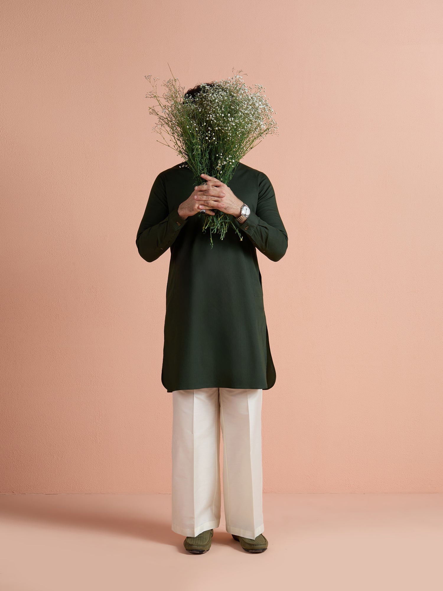 Dark Green Denim Solid Pathani Kurta