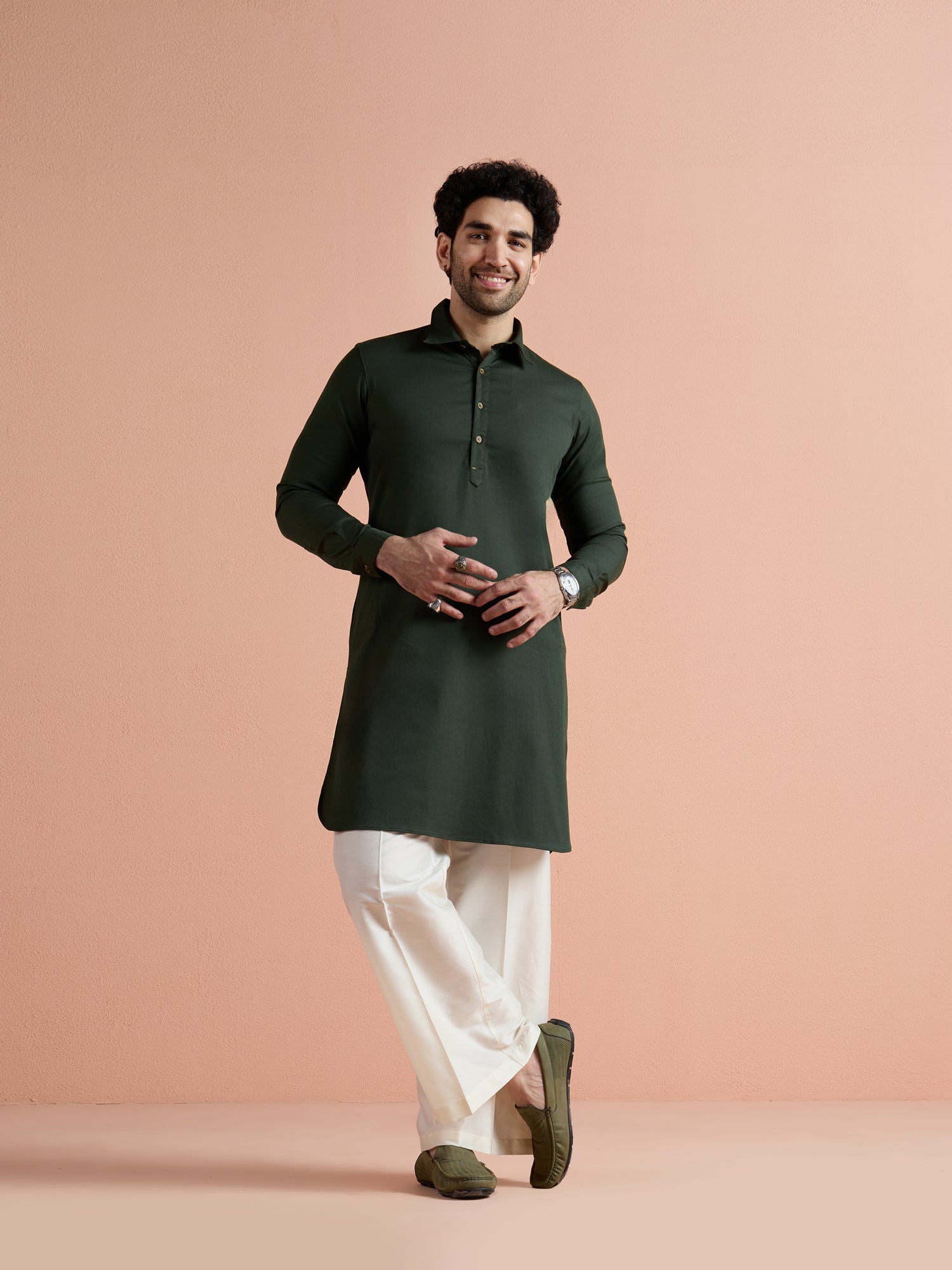 Dark Green Denim Solid Pathani Kurta