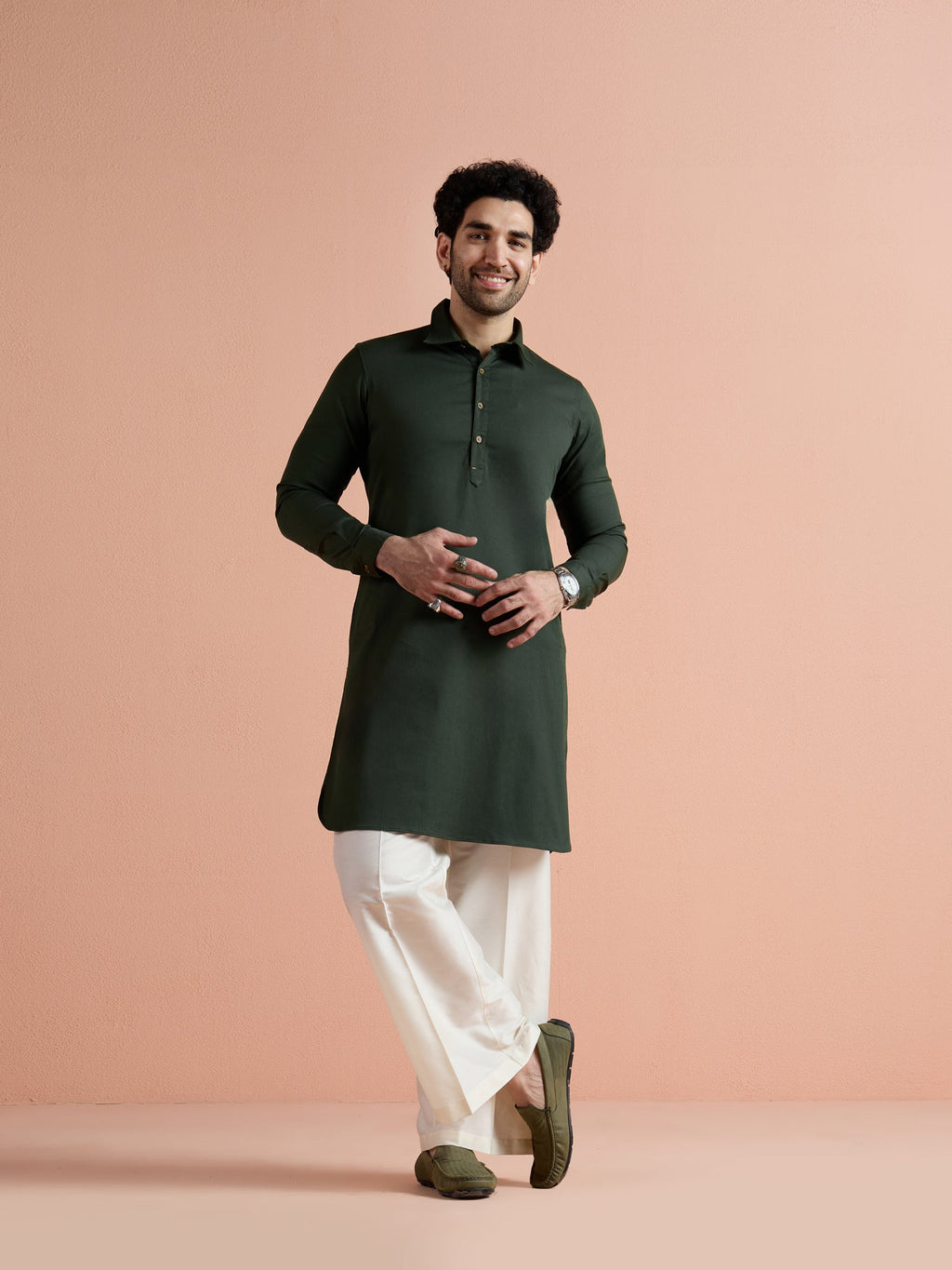 Olive Denim Solid Pathani Kurta Wide Leg Pant Set
