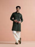 Olive Denim Solid Pathani Kurta Wide Leg Pant Set
