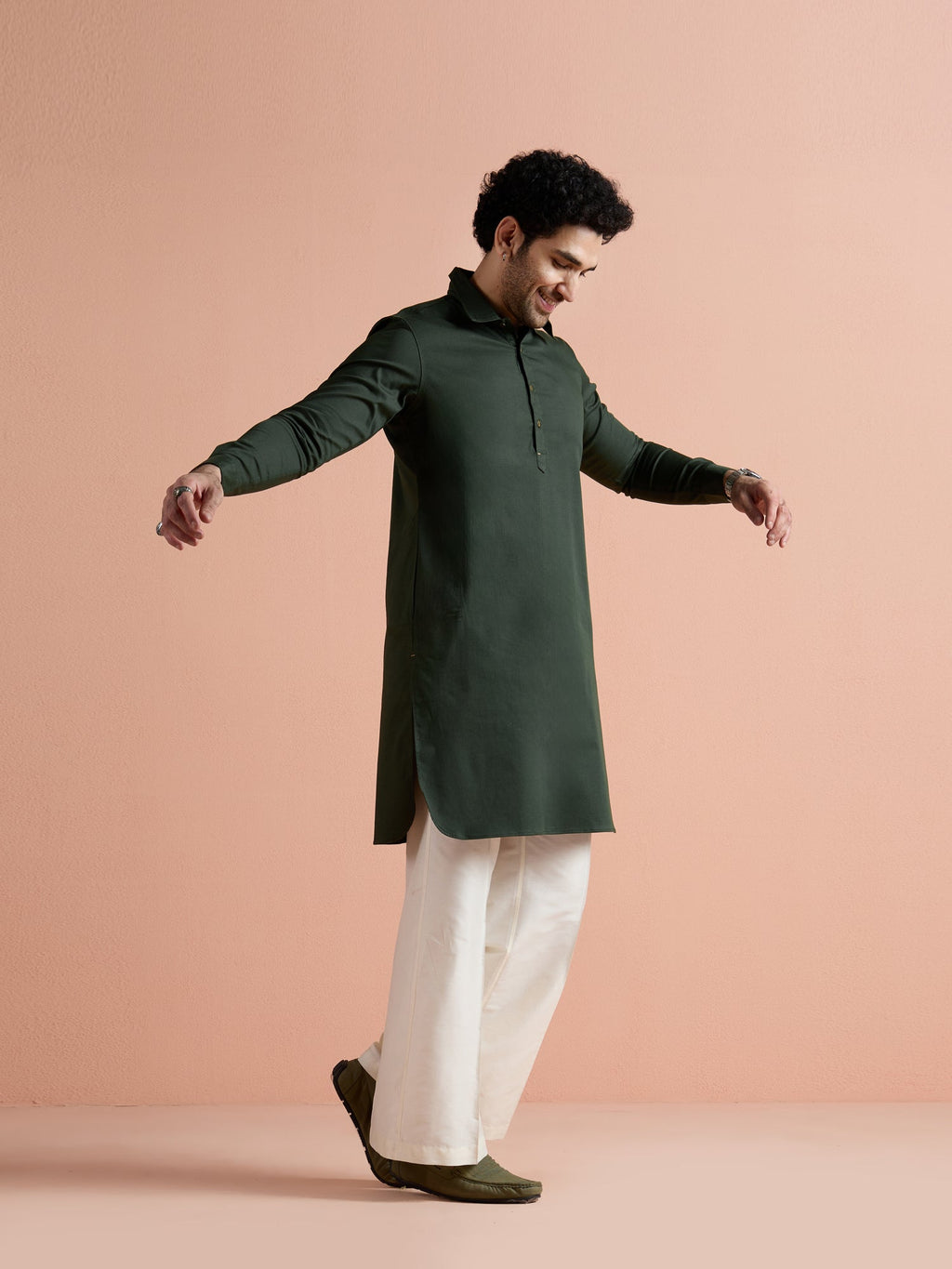 Olive Denim Solid Pathani Kurta Wide Leg Pant Set