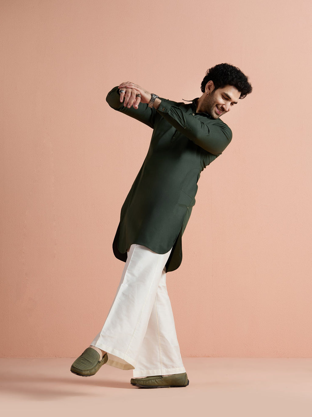 Olive Denim Solid Pathani Kurta Wide Leg Pant Set