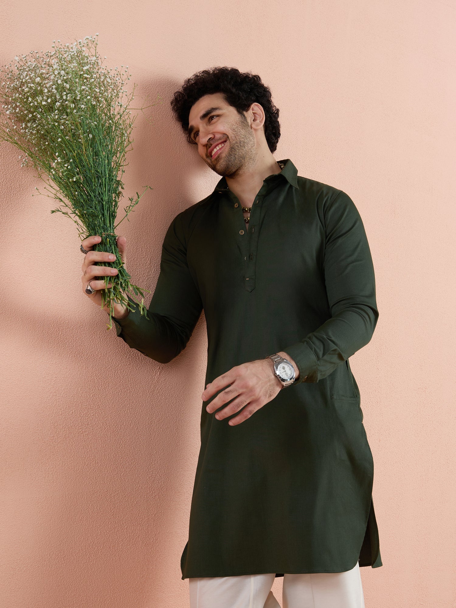 Olive Denim Solid Pathani Kurta Wide Leg Pant Set