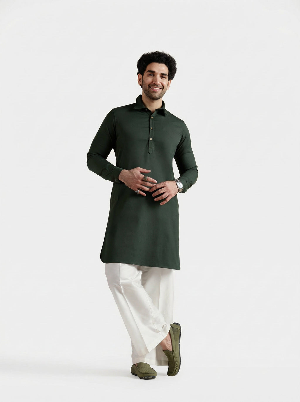 Dark Green Denim Solid Pathani Kurta