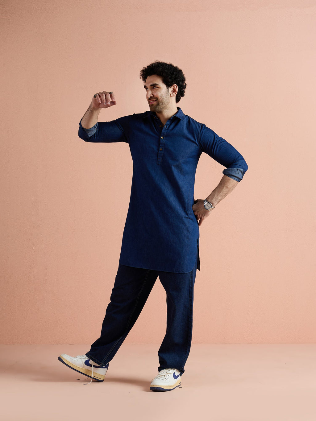 Blue Denim Solid Pathani Kurta