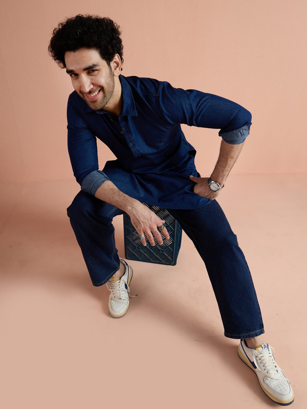 Blue Denim Solid Pathani Kurta
