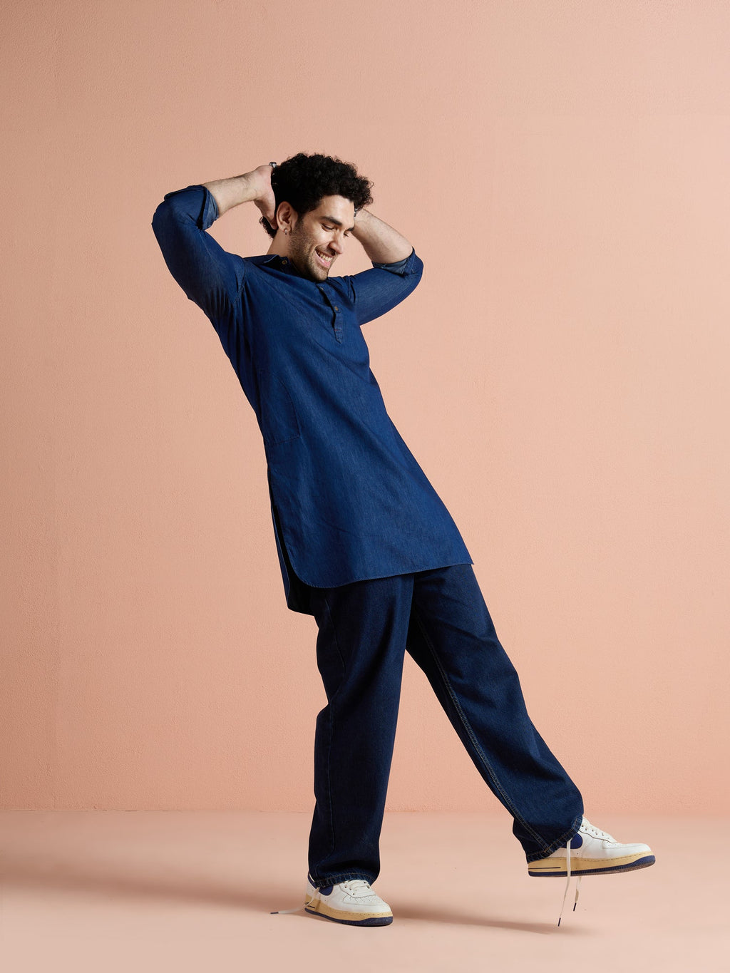 Blue Denim Solid Pathani Kurta