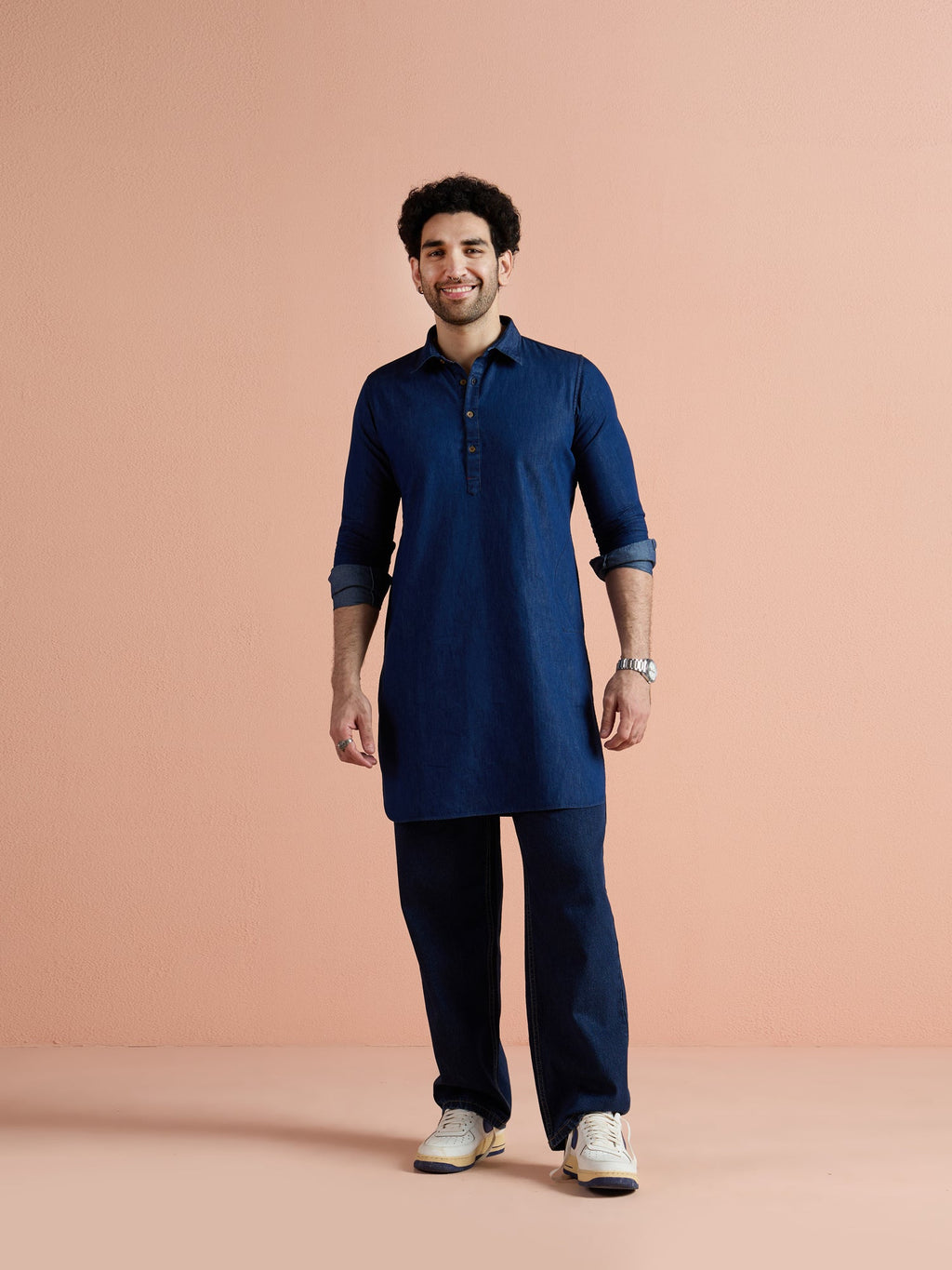 Blue Denim Solid Pathani Kurta
