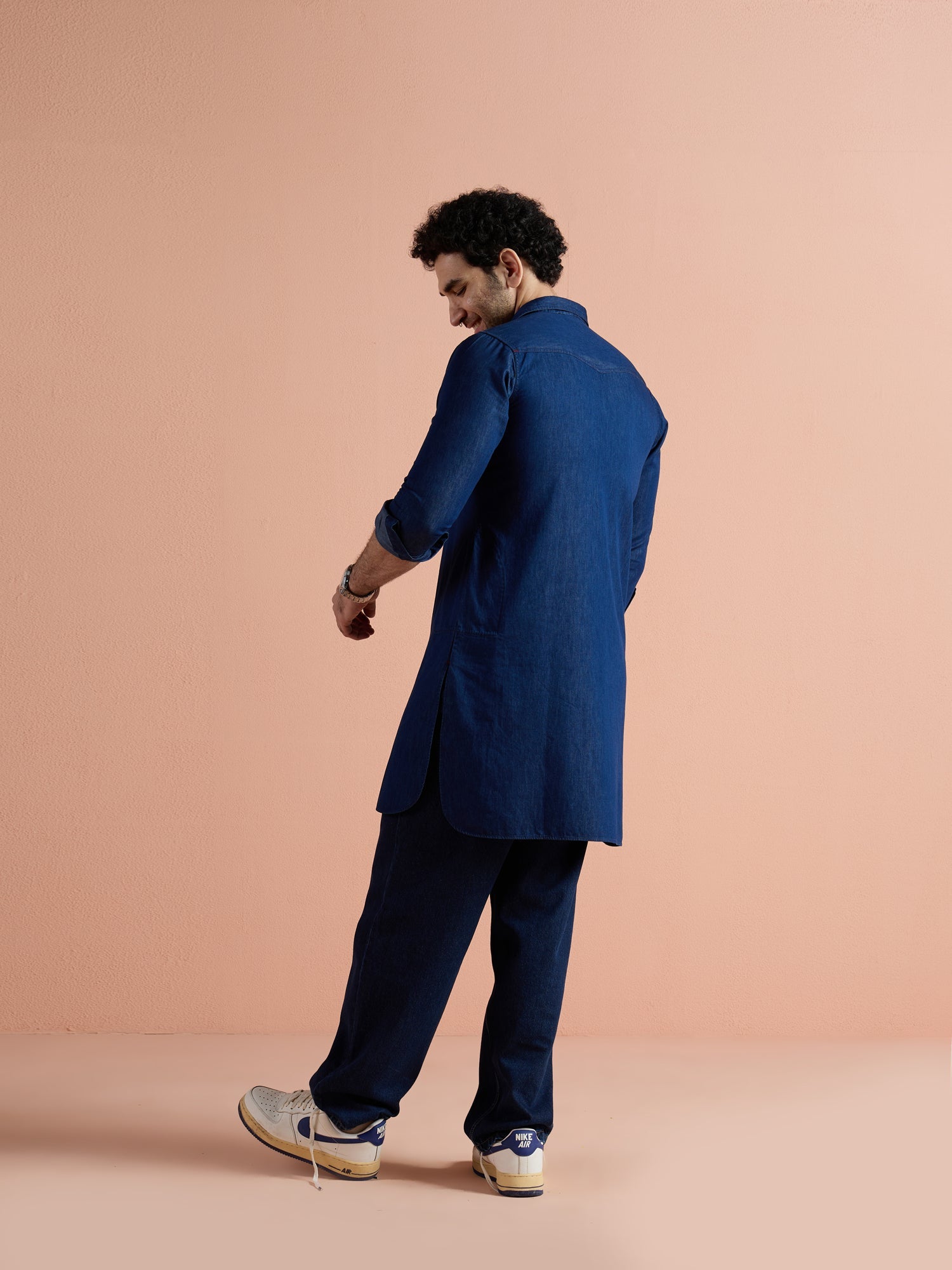 Blue Denim Solid Pathani Kurta