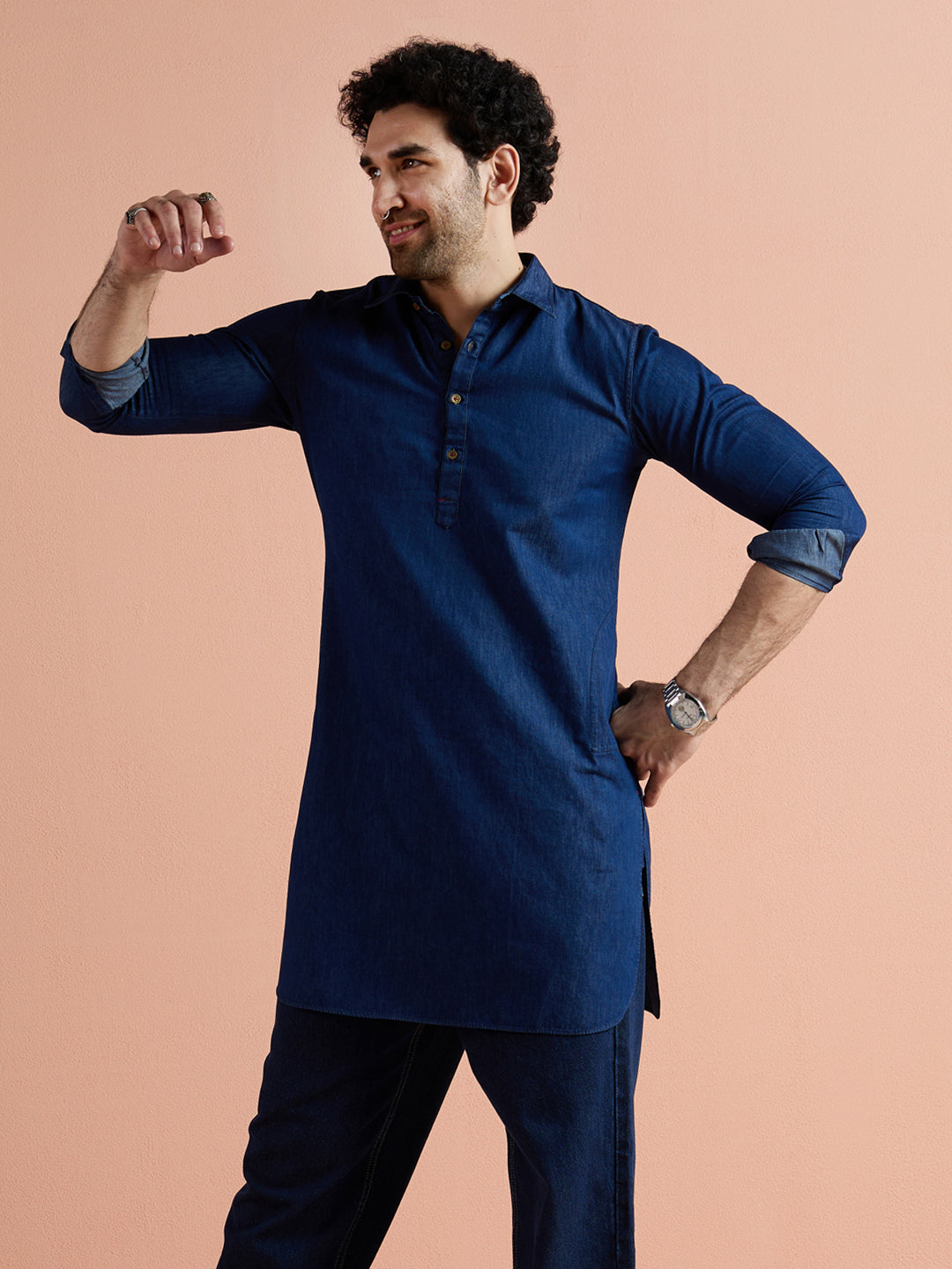 Blue Denim Solid Pathani Kurta
