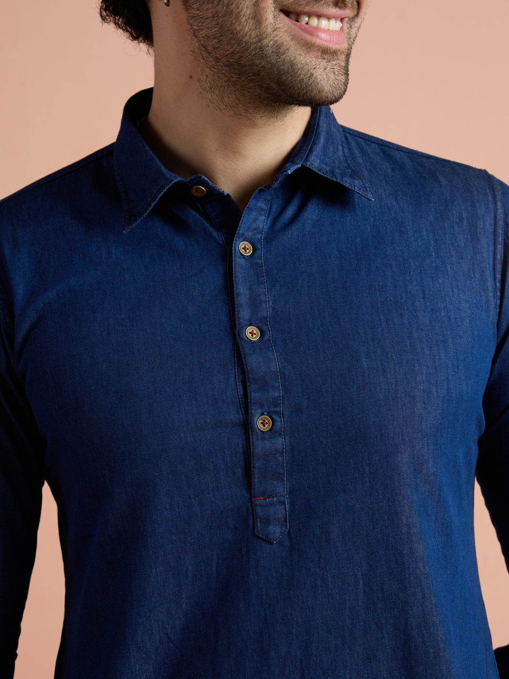Blue Denim Solid Pathani Kurta