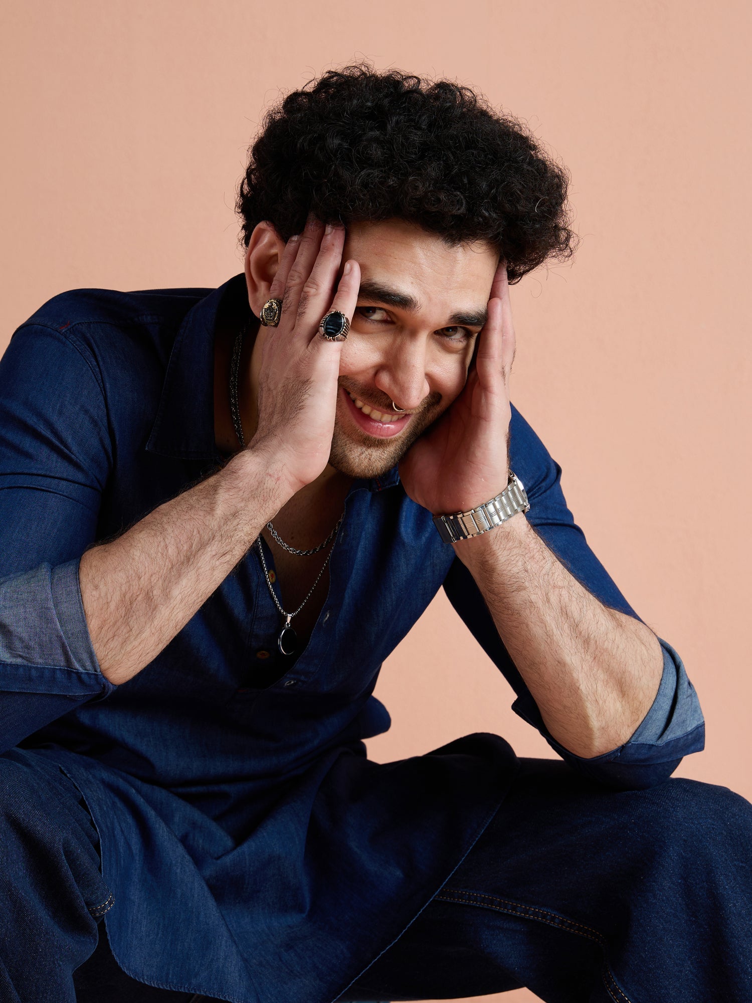 Blue Denim Solid Pathani Kurta