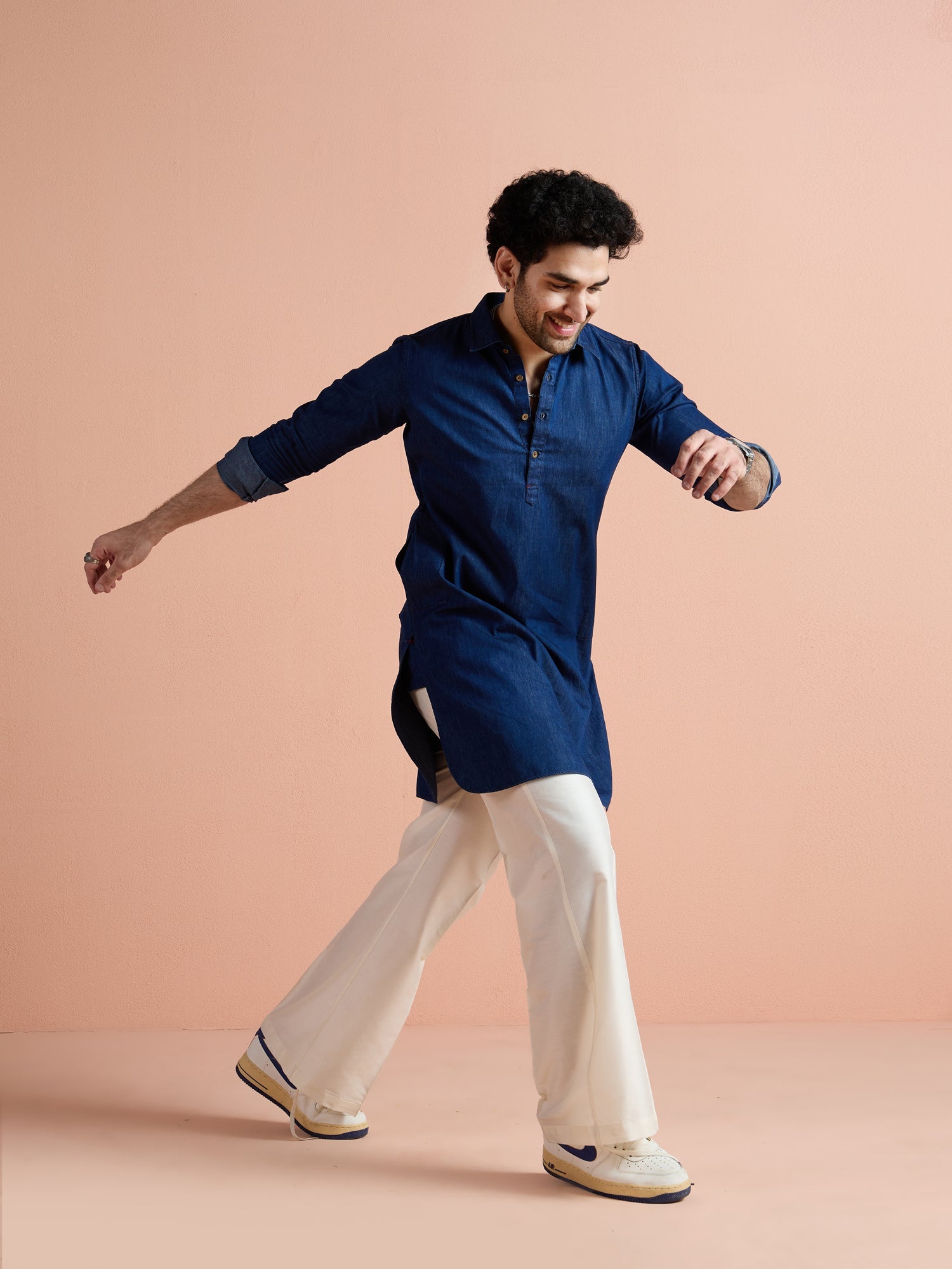 Blue Denim Solid Pathani Kurta Wide Leg Pant Set