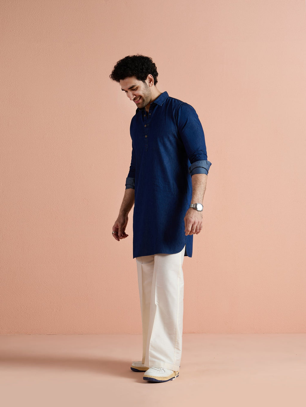Blue Denim Solid Pathani Kurta Wide Leg Pant Set