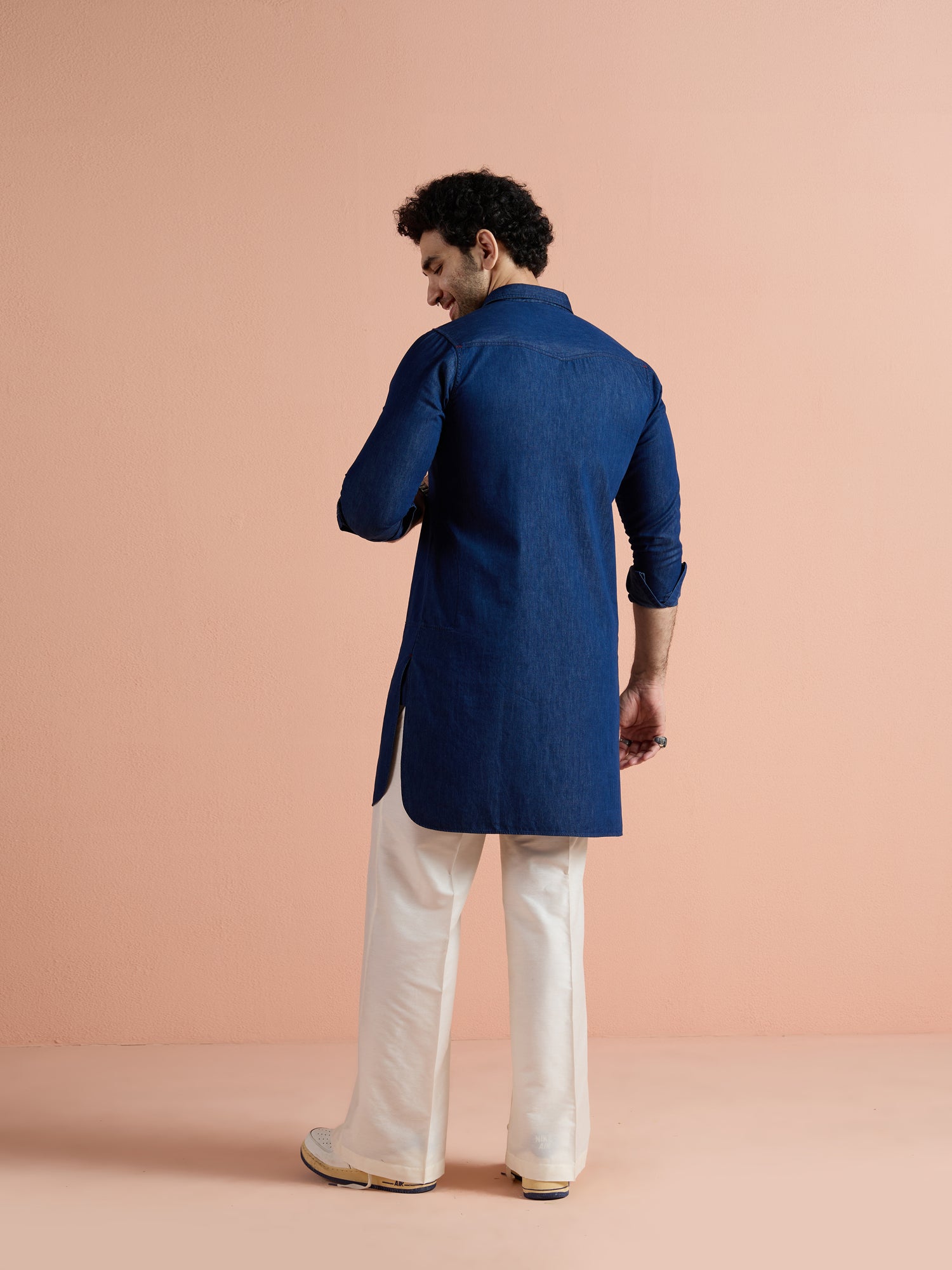 Blue Denim Solid Pathani Kurta Wide Leg Pant Set