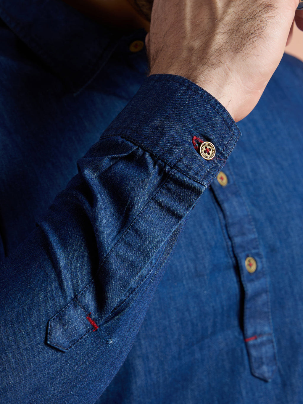 Blue Denim Solid Pathani Kurta Wide Leg Pant Set