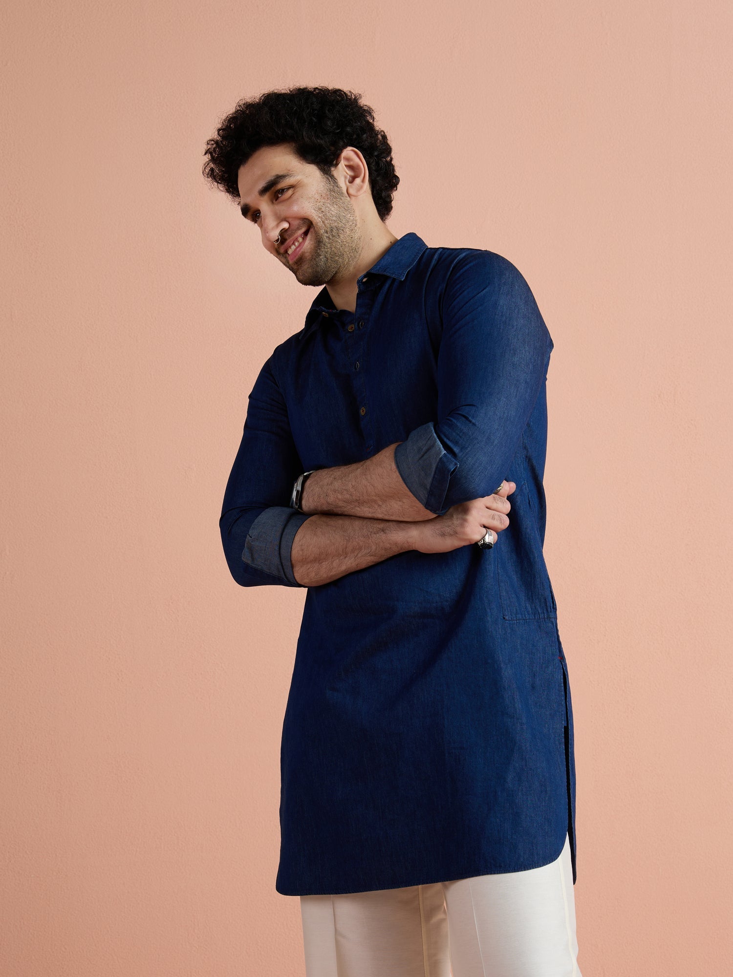 Blue Denim Solid Pathani Kurta Wide Leg Pant Set