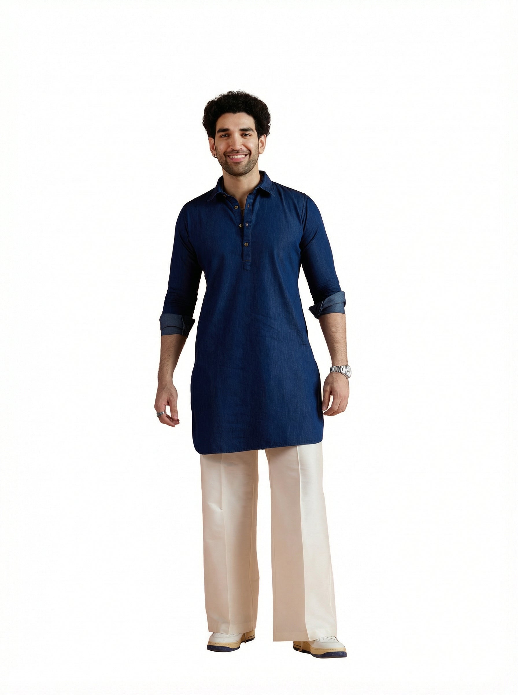 Blue Denim Solid Pathani Kurta Wide Leg Pant Set