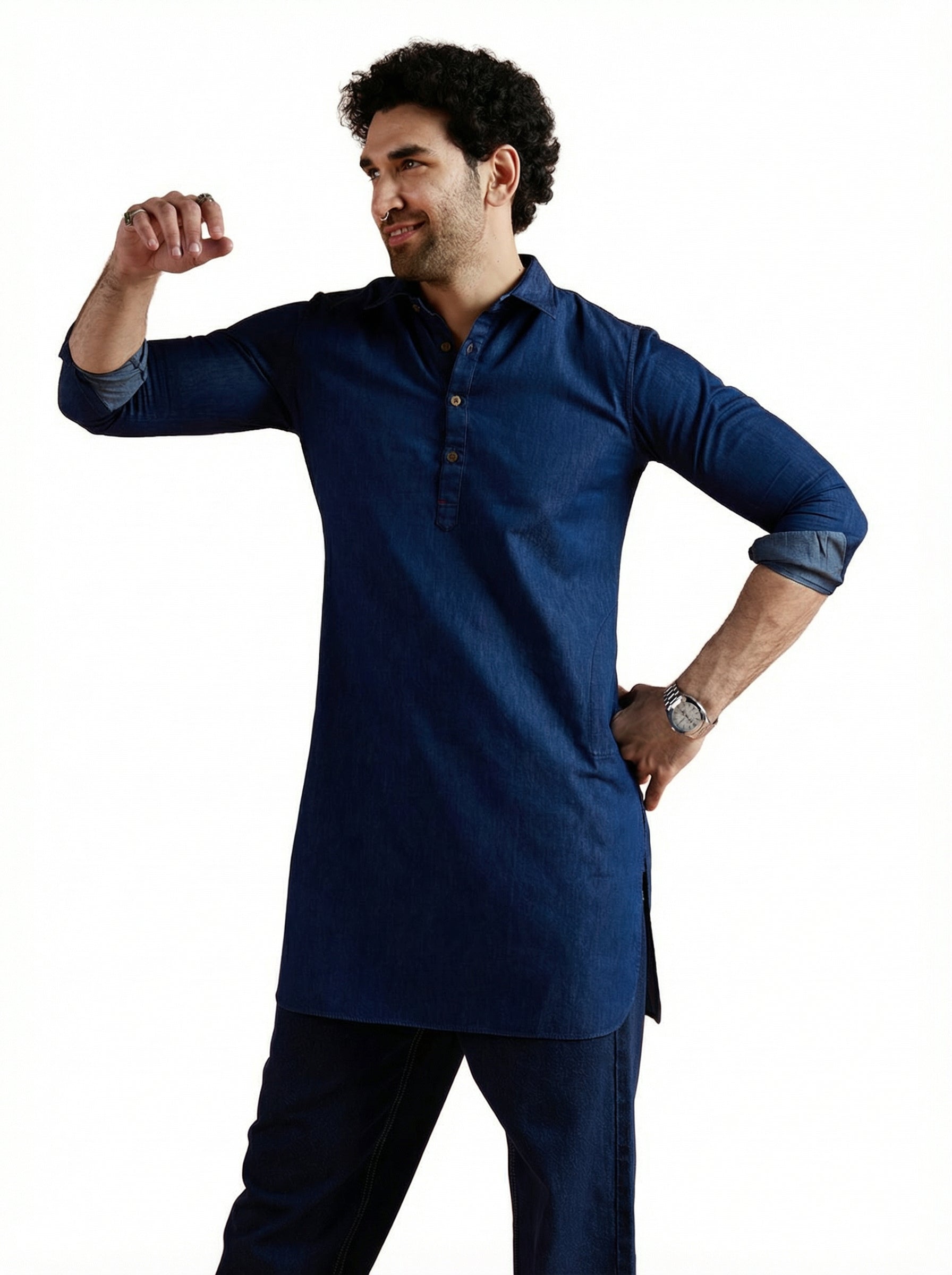 Blue Denim Solid Pathani Kurta