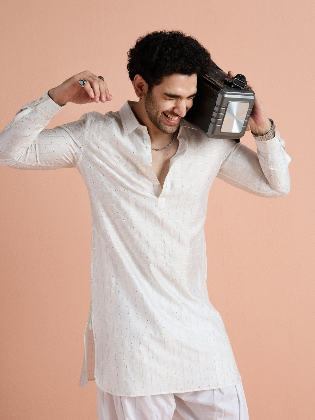 White Viscose Embellished Pathani Kurta