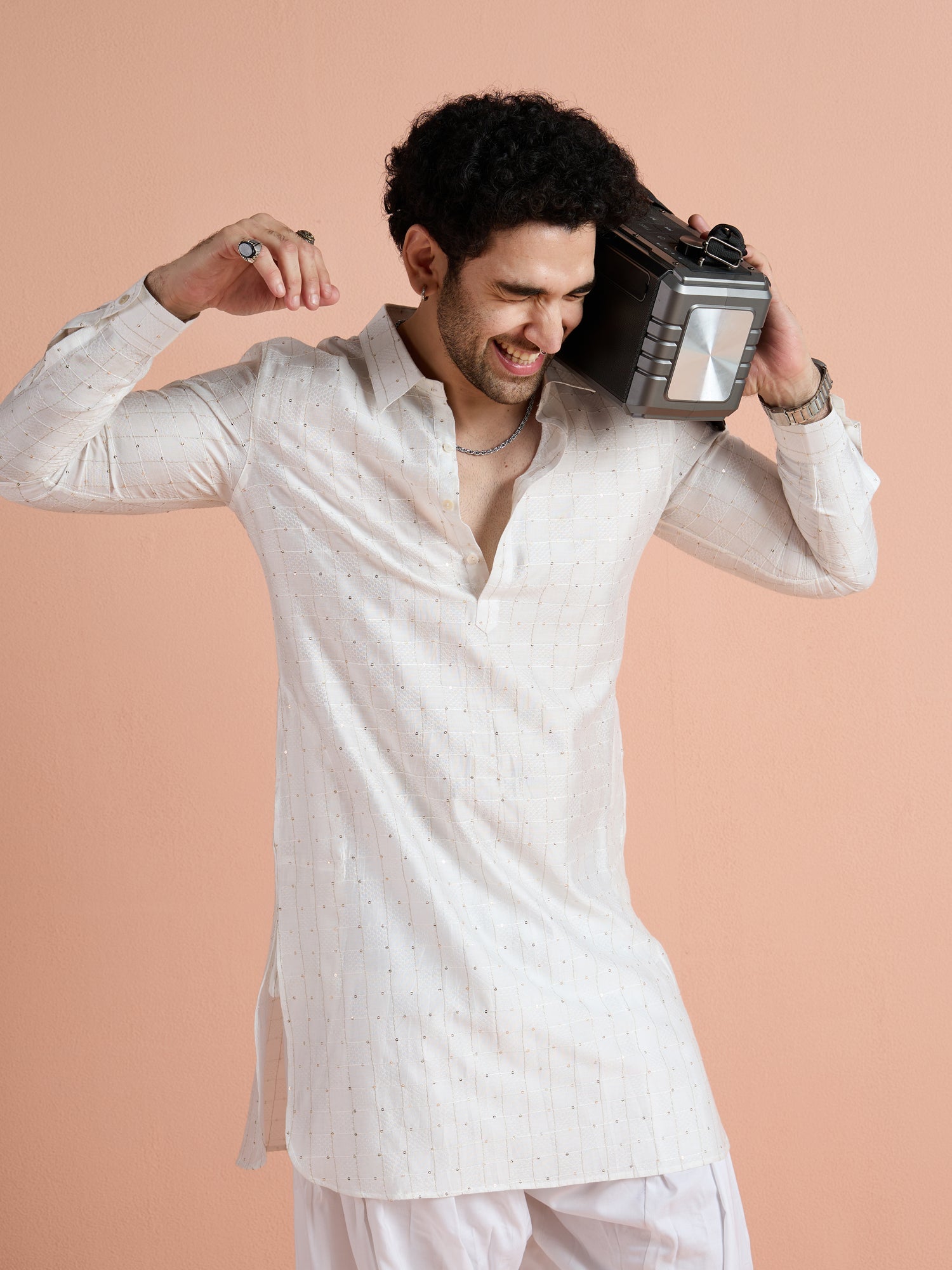 White Viscose Embellished Pathani Kurta