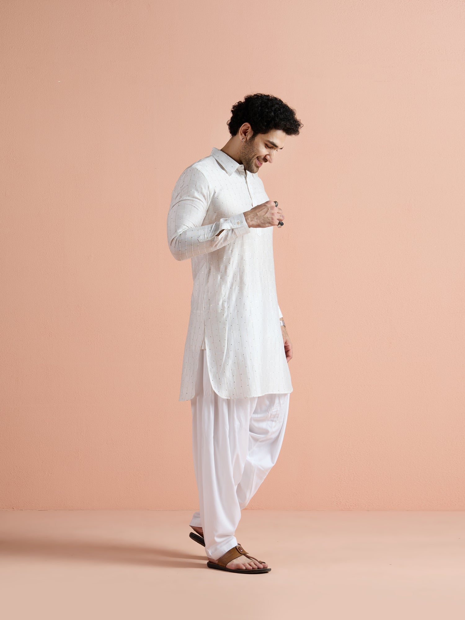 White Viscose Embellished Pathani Kurta