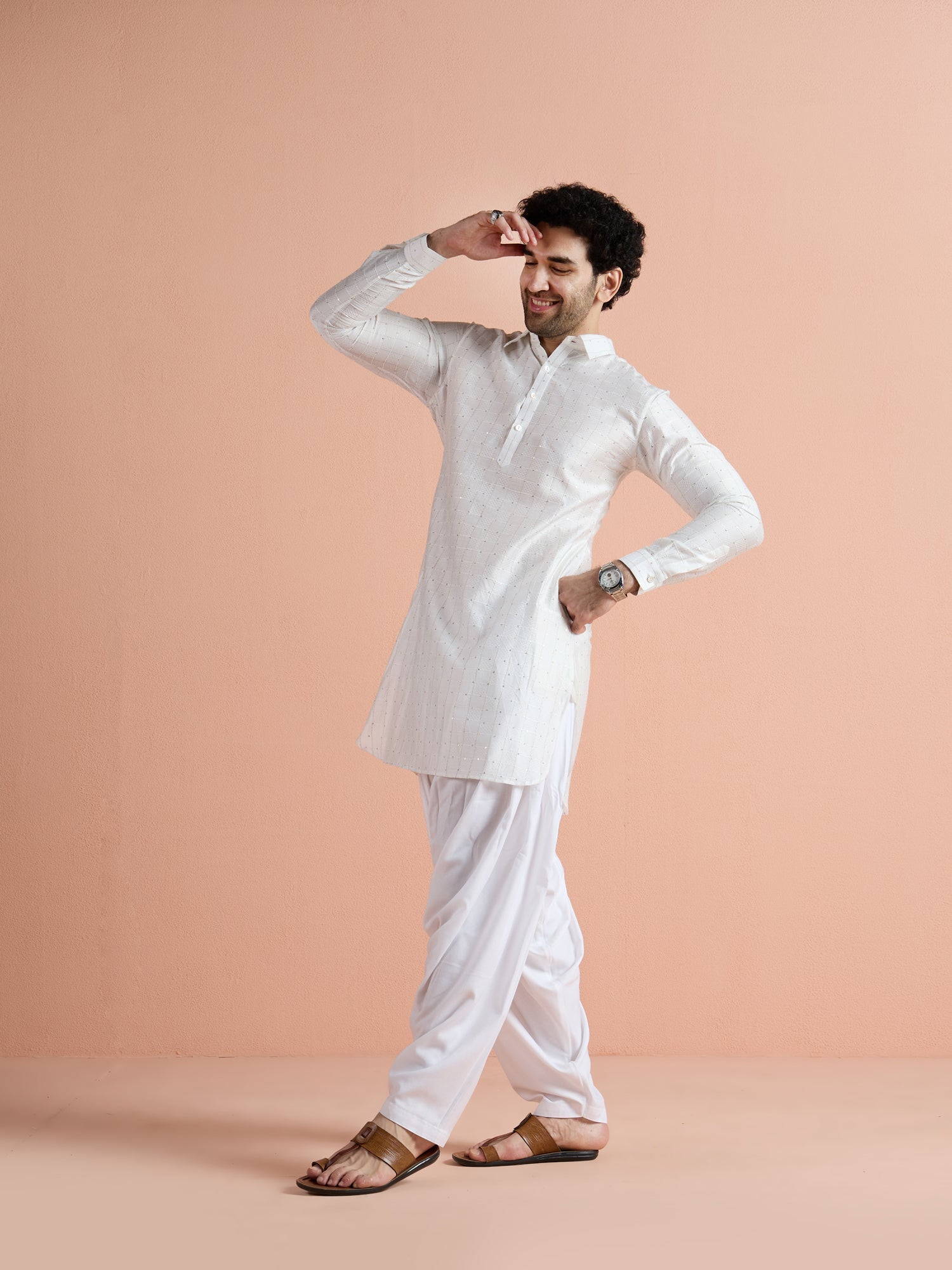 White Viscose Embellished Pathani Kurta