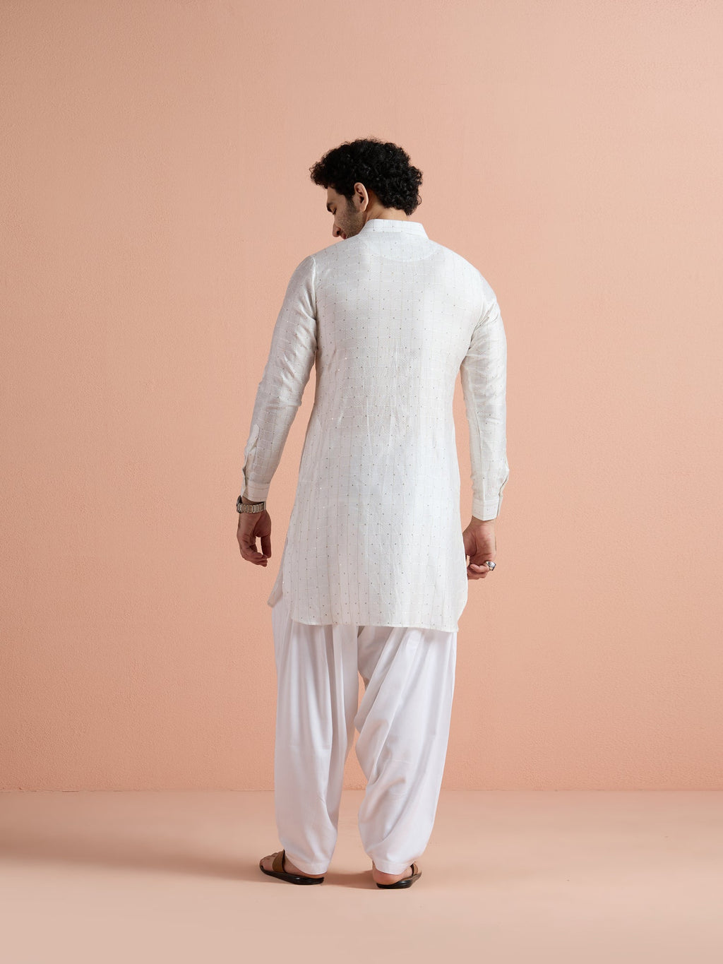 White Viscose Embellished Pathani Kurta