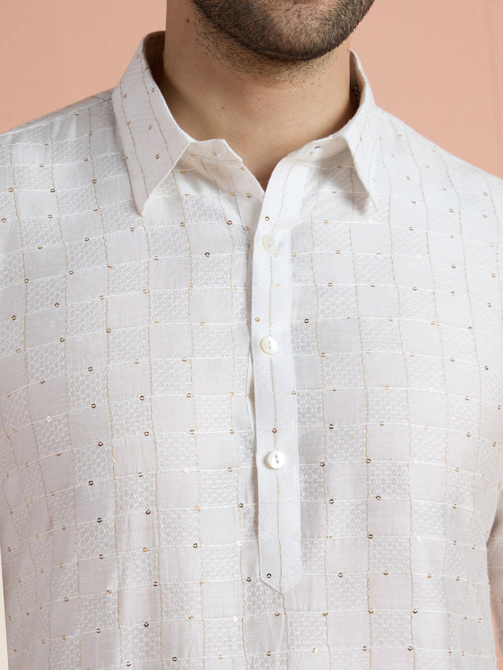 White Viscose Embellished Pathani Kurta