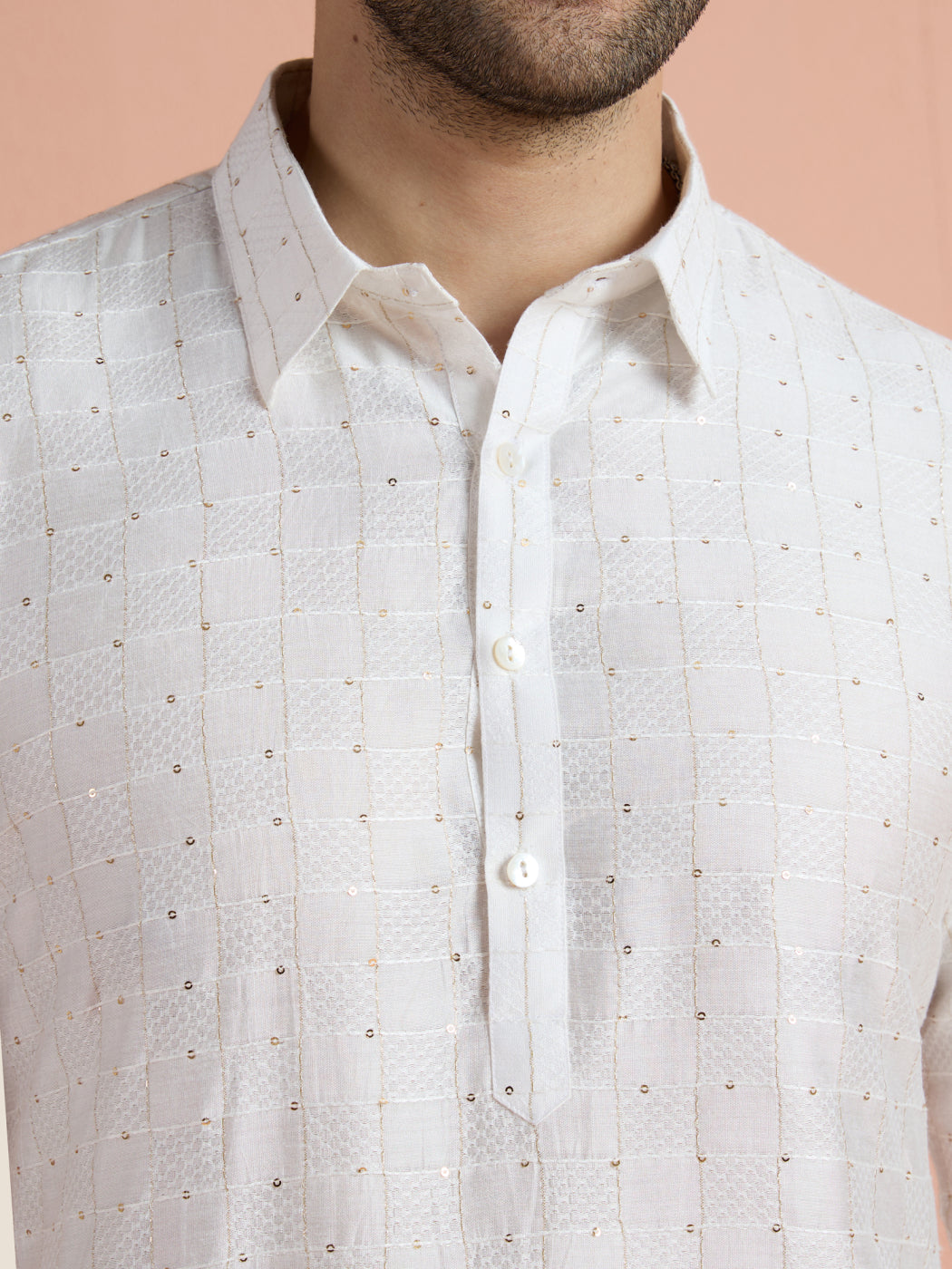 White Viscose Embellished Pathani Kurta