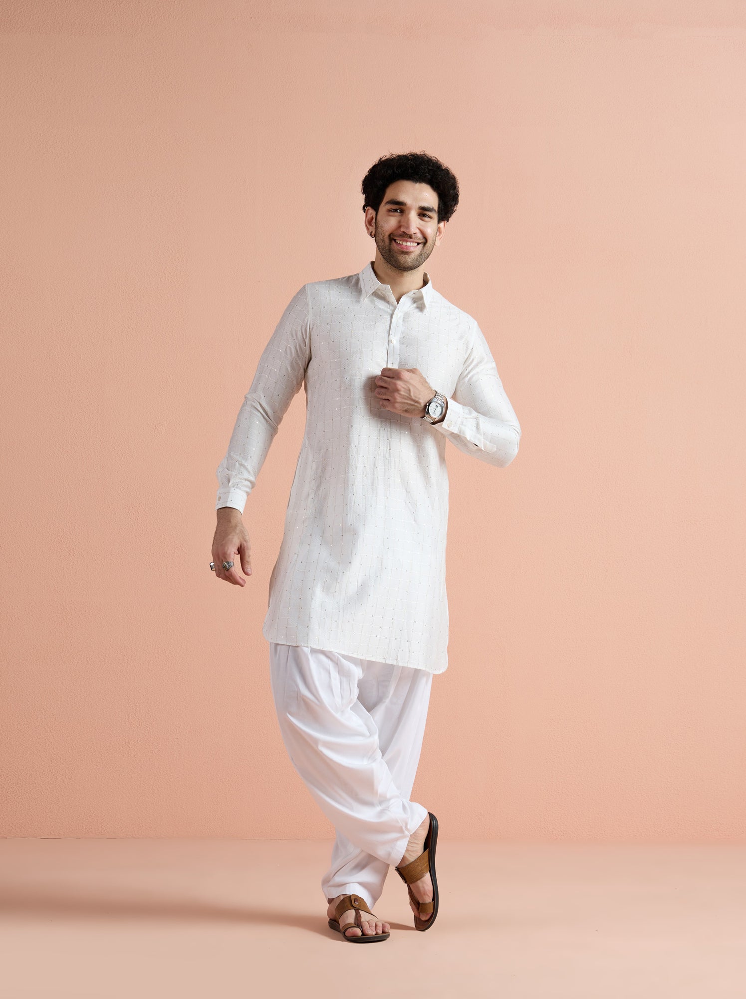 White Viscose Embellished Pathani Kurta