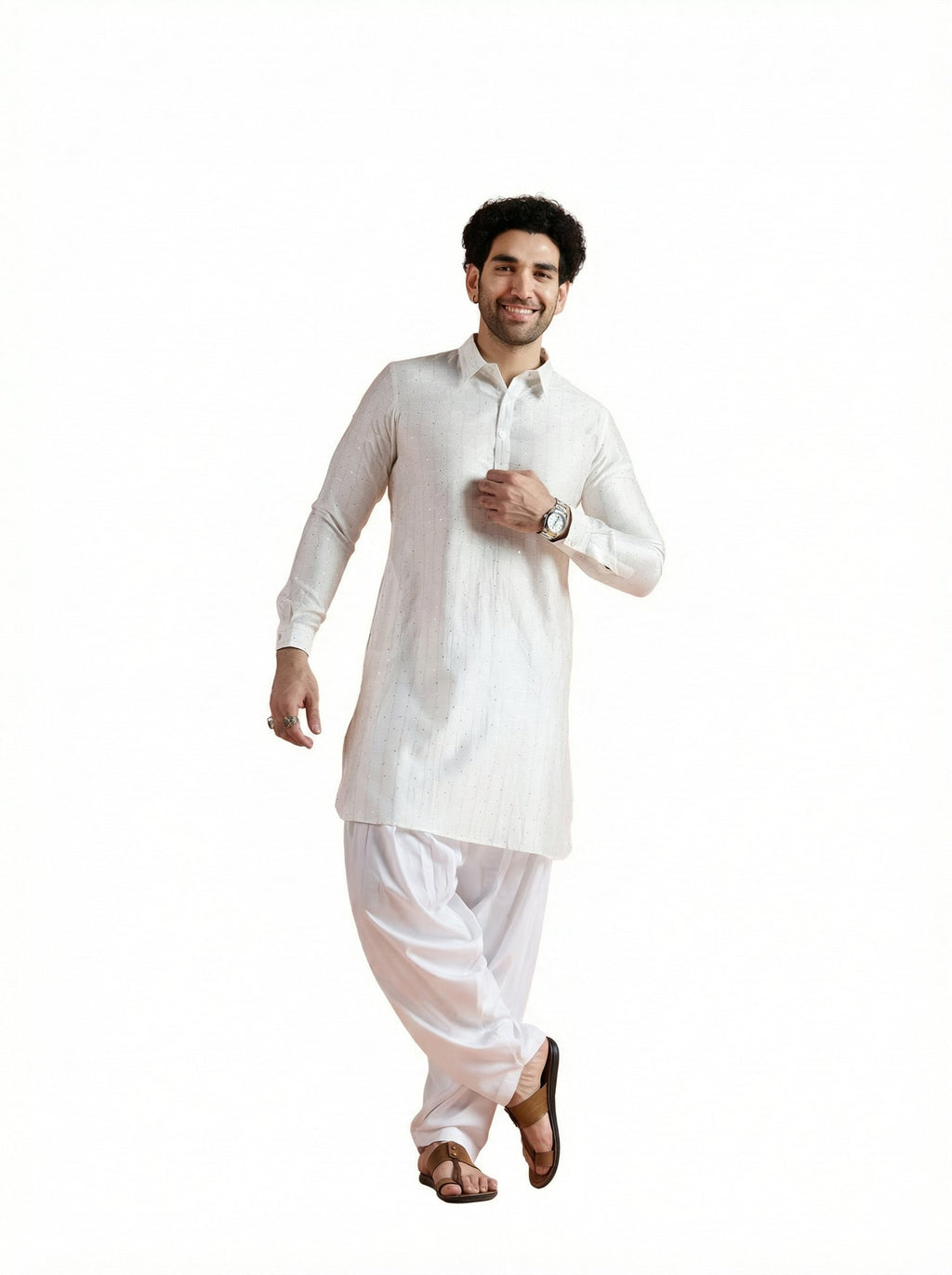 White Viscose Embellished Pathani Kurta